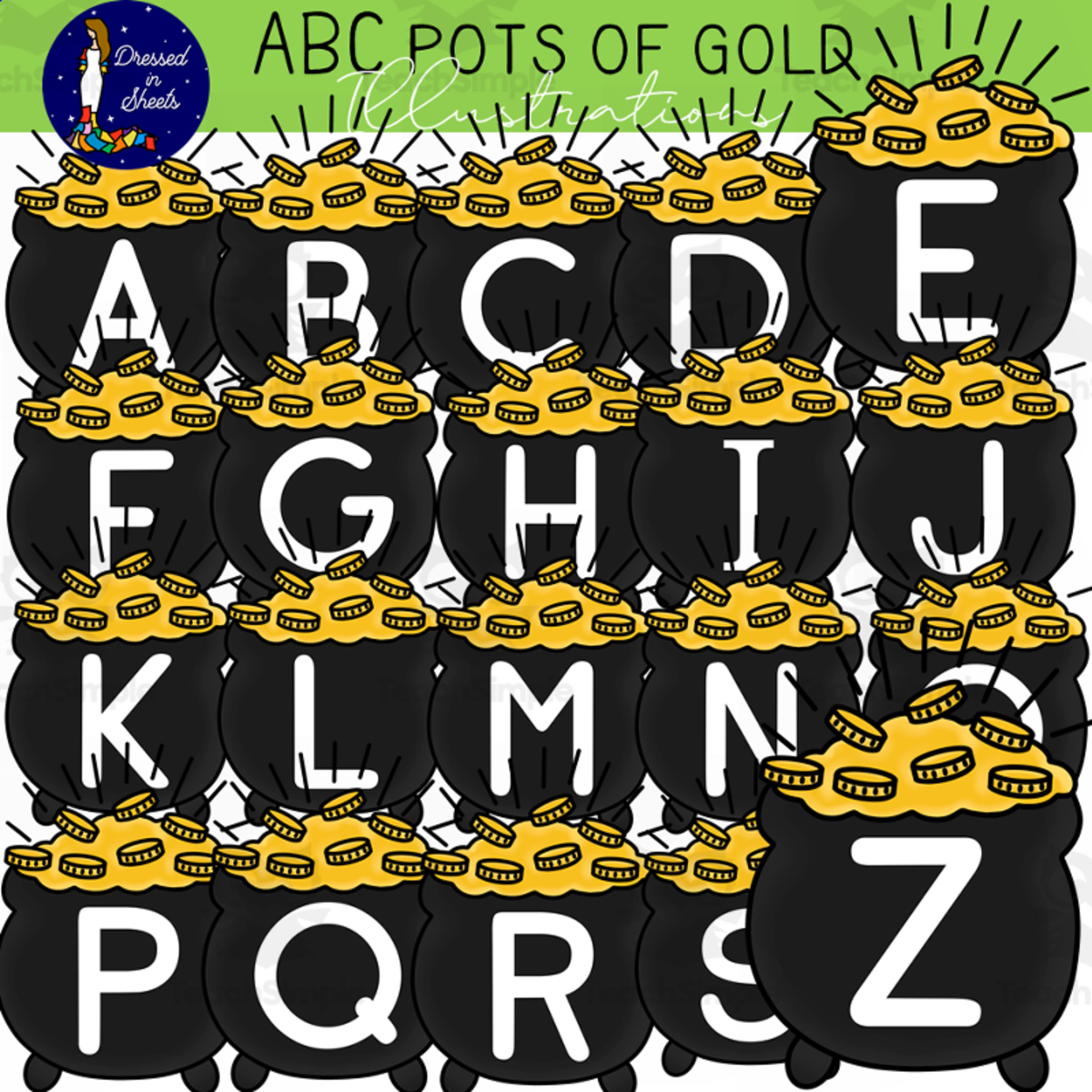An educational teaching resource from Soumara Siddiqui entitled ABC Pots of Gold Clip Art downloadable at Teach Simple.