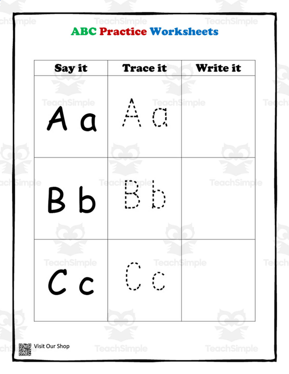 An educational teaching resource from KD's Kids School Shop entitled ABC Practice Worksheets downloadable at Teach Simple.