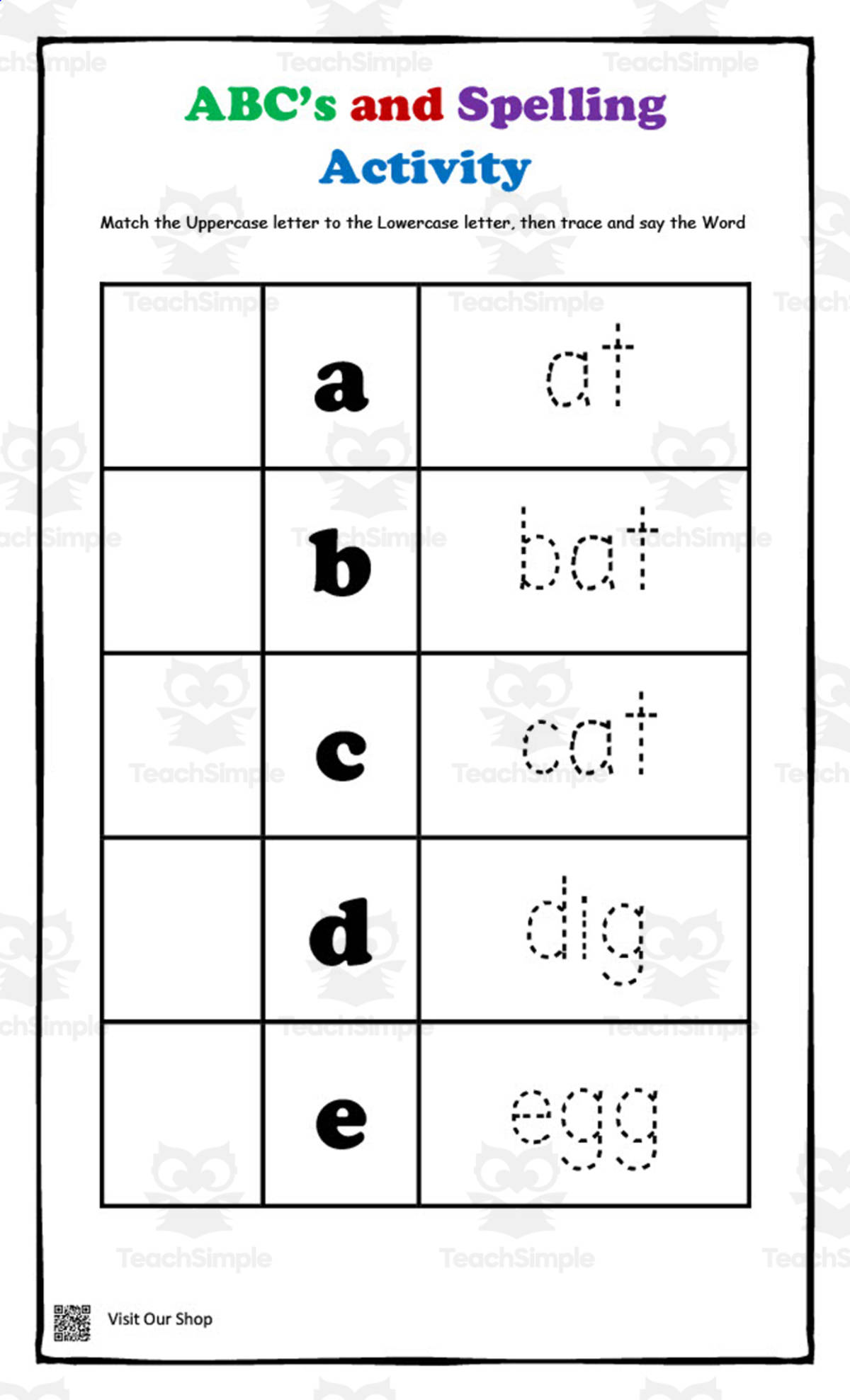 An educational teaching resource from KD's Kids School Shop entitled ABC Spelling, Writing and Matching Activity downloadable at Teach Simple.