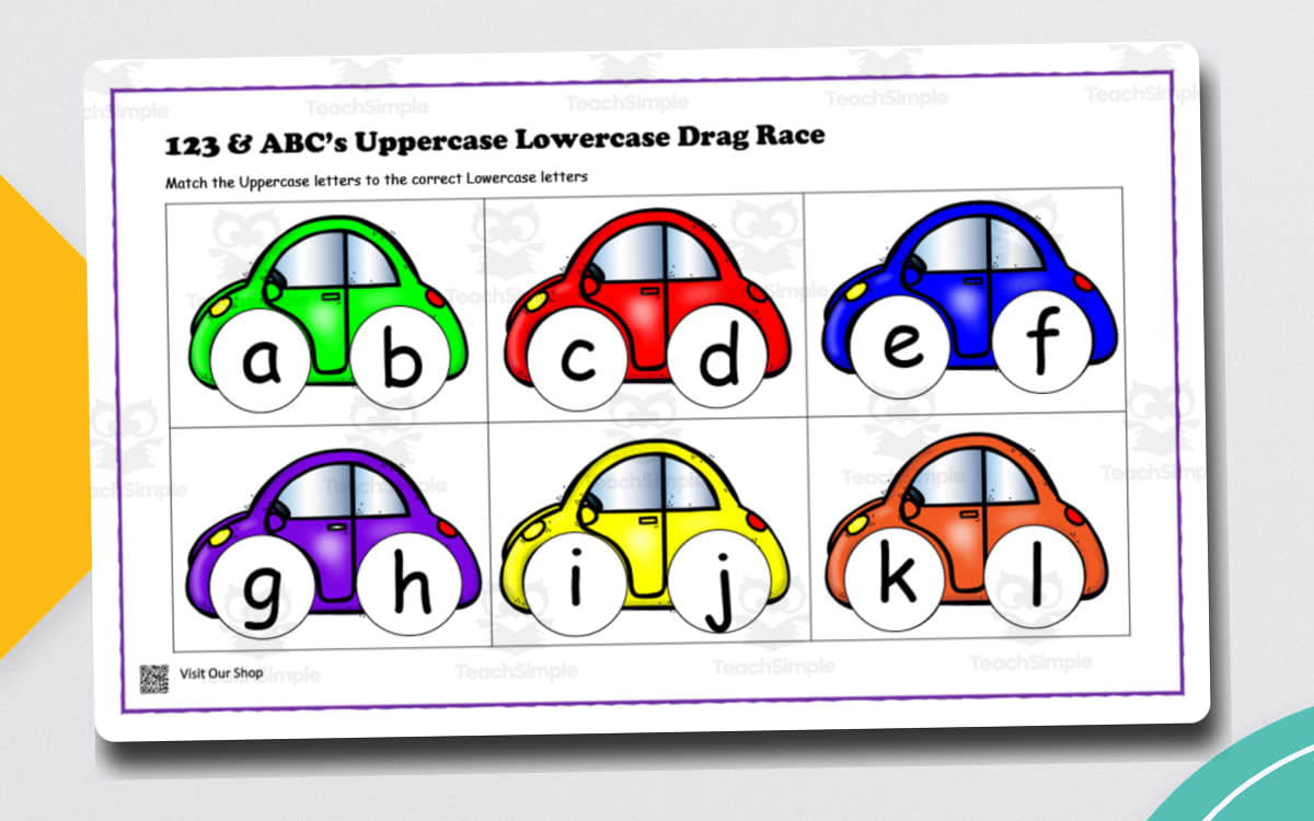 An educational teaching resource from KD's Kids School Shop entitled ABC Uppercase and Lowercase Cars | Letter & Number Matching downloadable at Teach Simple.