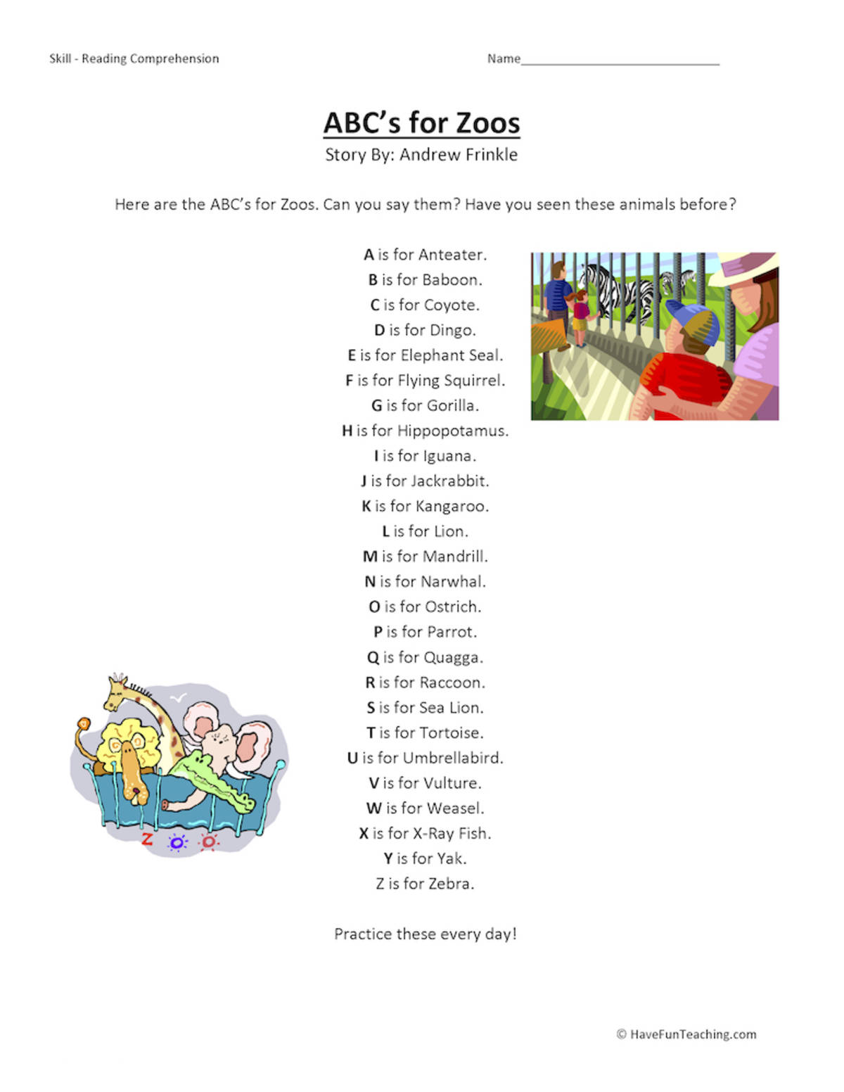 An educational teaching resource from Have Fun Teaching entitled ABCs for Zoos Reading Comprehension Worksheet downloadable at Teach Simple.