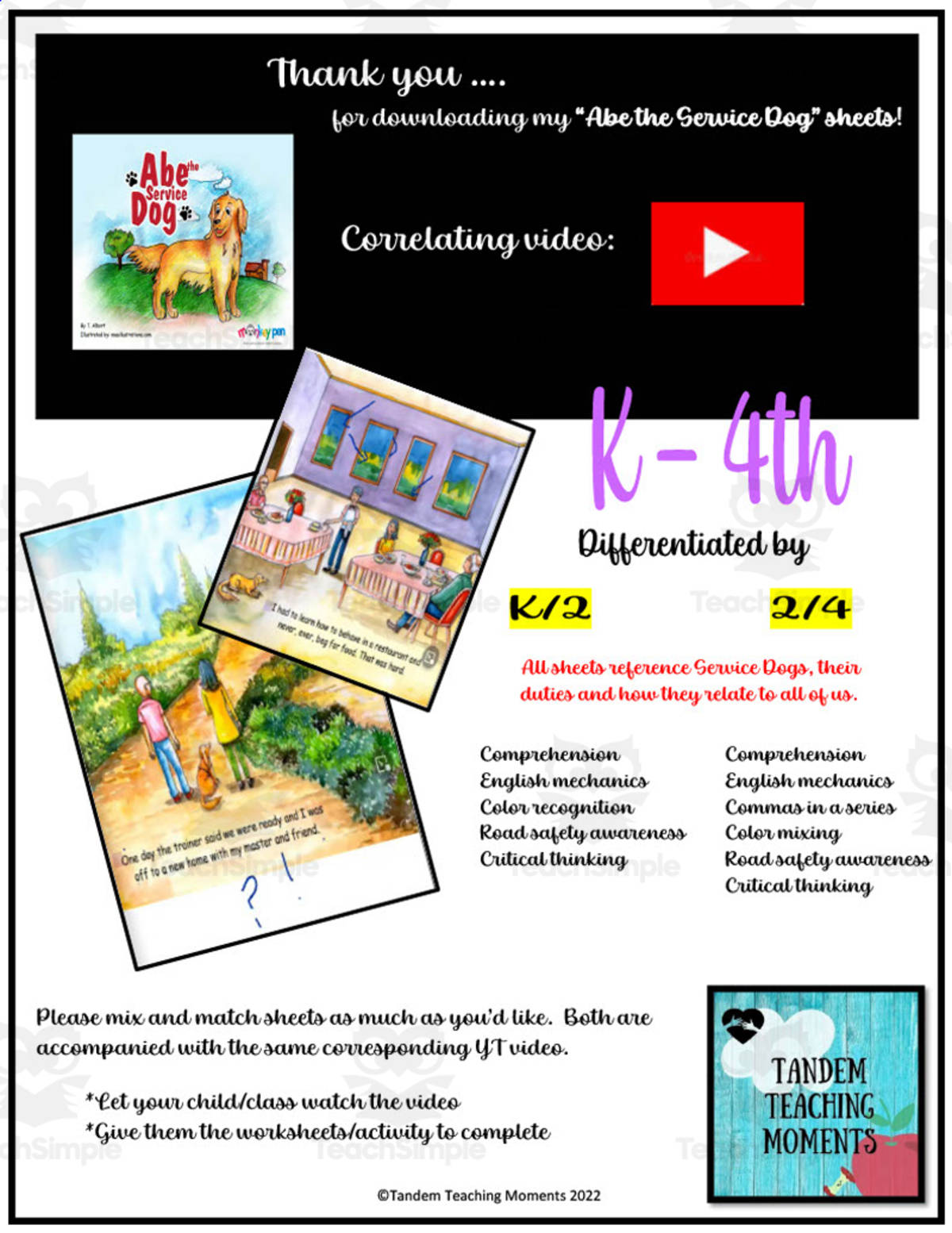 An educational teaching resource from Tandem Teaching Moments entitled "Abe the Service Dog" Worksheet Packet downloadable at Teach Simple.