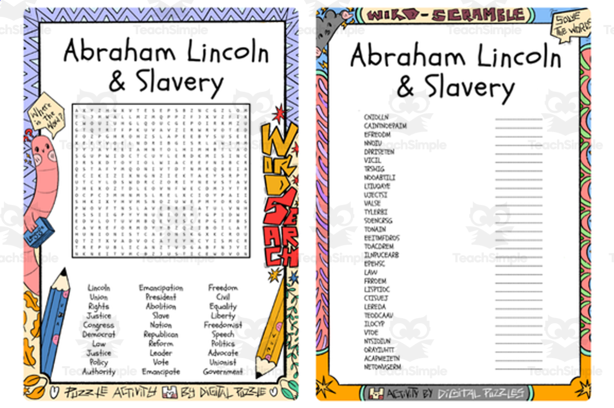 An educational teaching resource from Lapiiin Art Activities entitled Abraham Lincoln & Slavery word search & scramble downloadable at Teach Simple.
