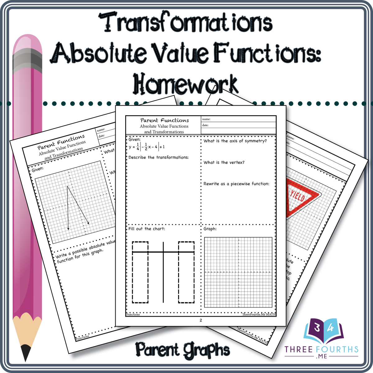 An educational teaching resource from ThreeFourthsMe entitled Absolute Value Function Transformations: Classwork Homework downloadable at Teach Simple.