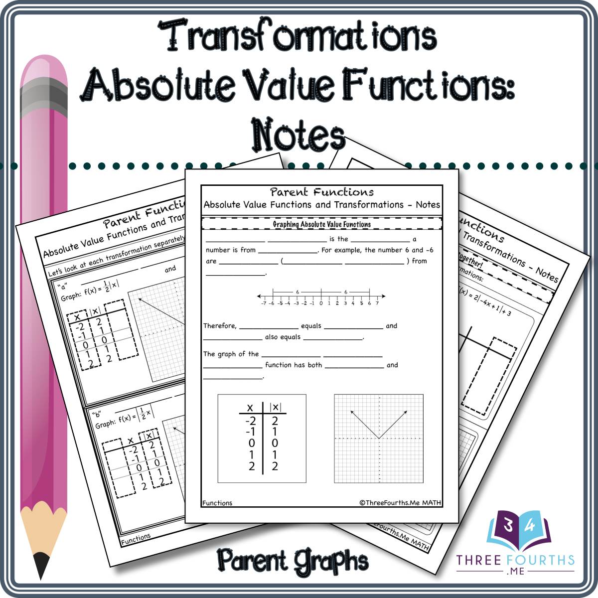 An educational teaching resource from ThreeFourthsMe entitled Absolute Value Function Transformations: Scaffolded Notes downloadable at Teach Simple.