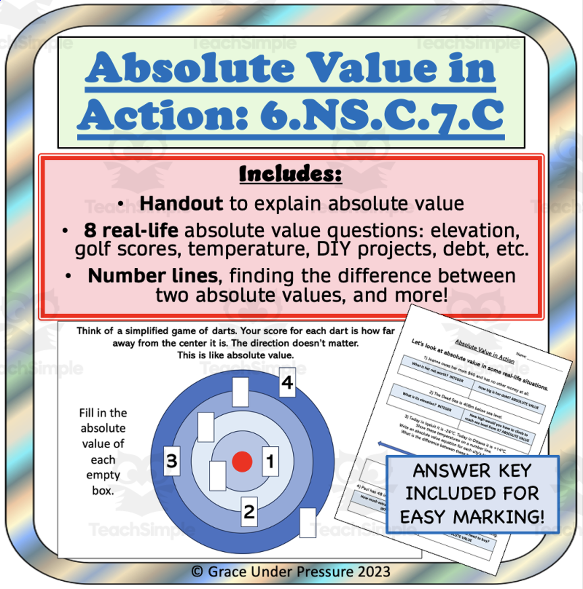 An educational teaching resource from Grace Under Pressure entitled Absolute Value Worksheets:  Real World 6th Grade Math 6.NS.C.7.C downloadable at Teach Simple.