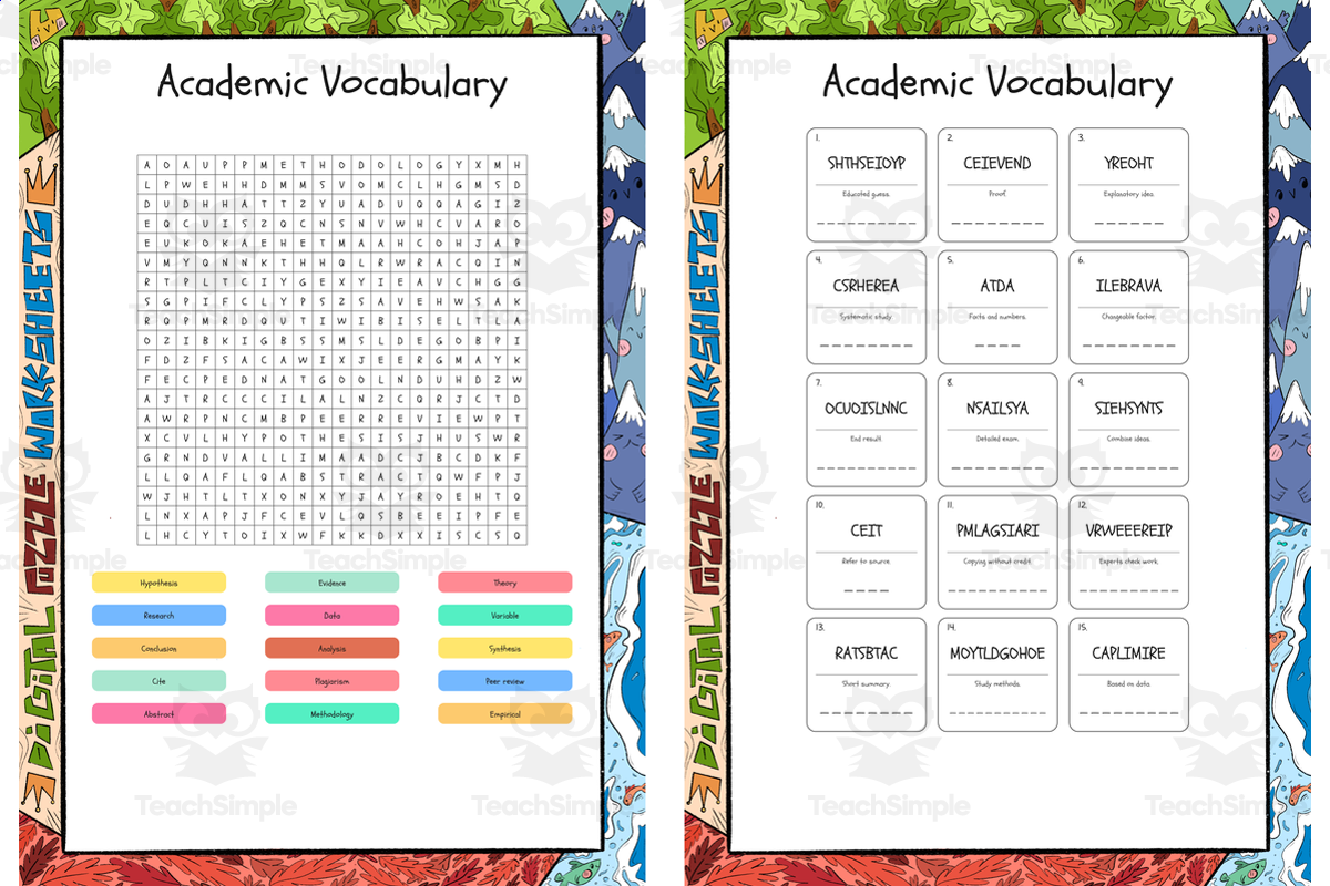 An educational teaching resource from Lapiiin Art Activities entitled Academic Vocabulary word search, scramble and crossword puzzle downloadable at Teach Simple.