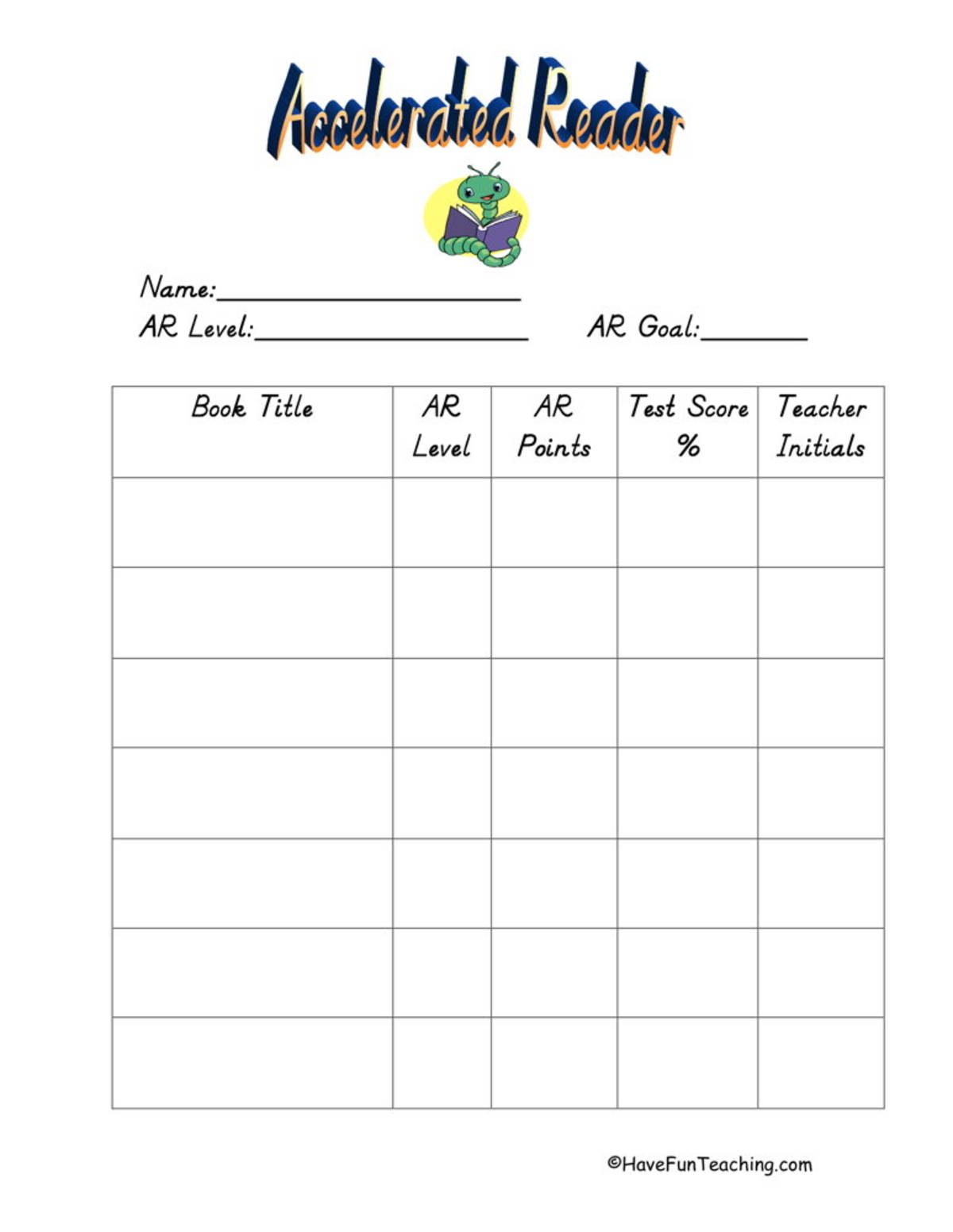 An educational teaching resource from Have Fun Teaching entitled Accelerated Reader Log downloadable at Teach Simple.