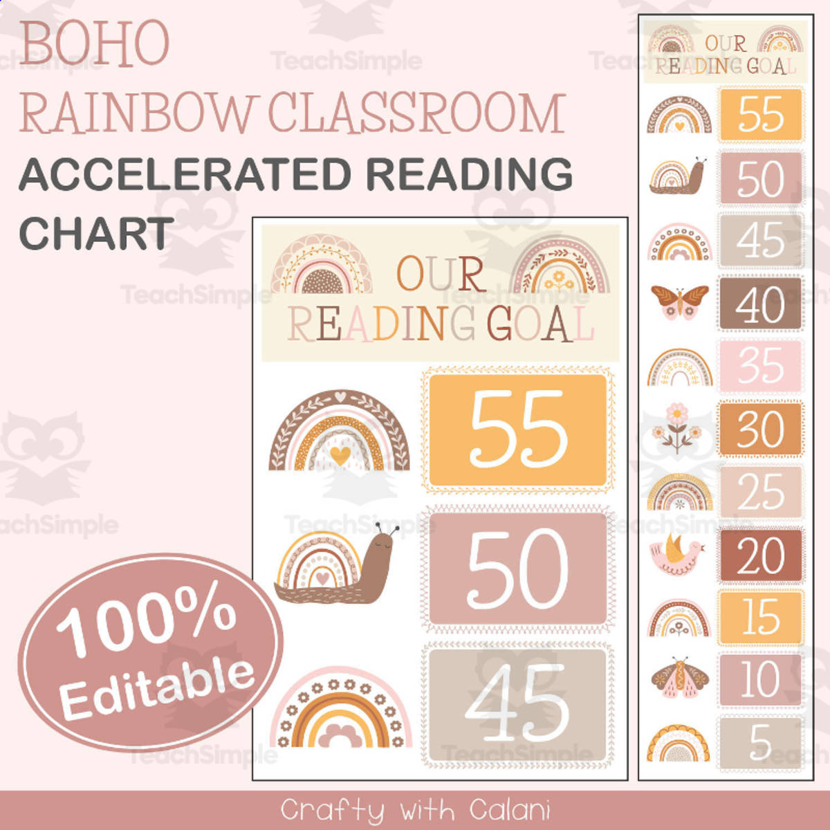 An educational teaching resource from Crafty with Calani entitled Accelerated Reading Chart in Boho Rainbow Theme - 100% Editable downloadable at Teach Simple.