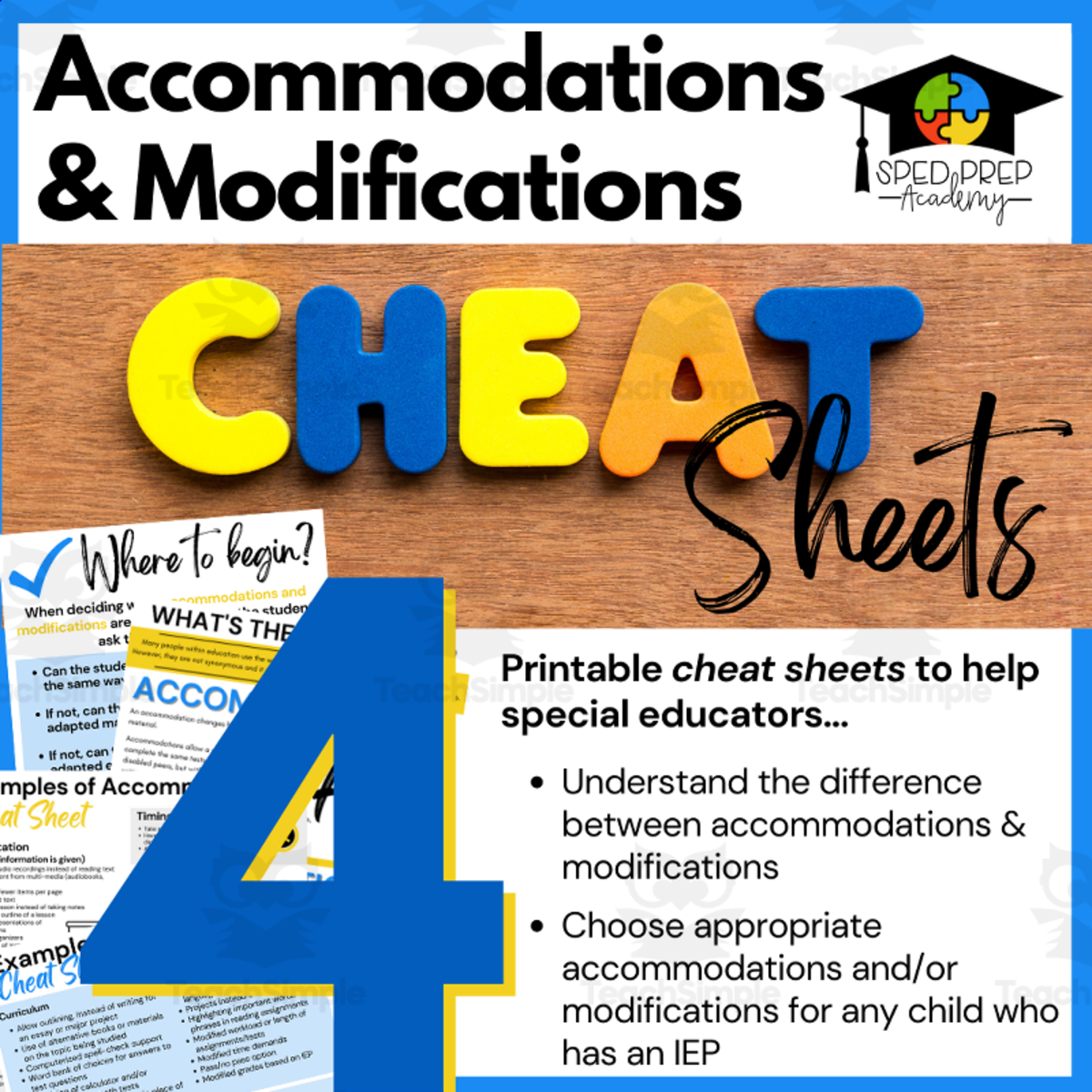An educational teaching resource from Sped Prep Academy entitled Accommodations and Modifications Cheat Sheets downloadable at Teach Simple.