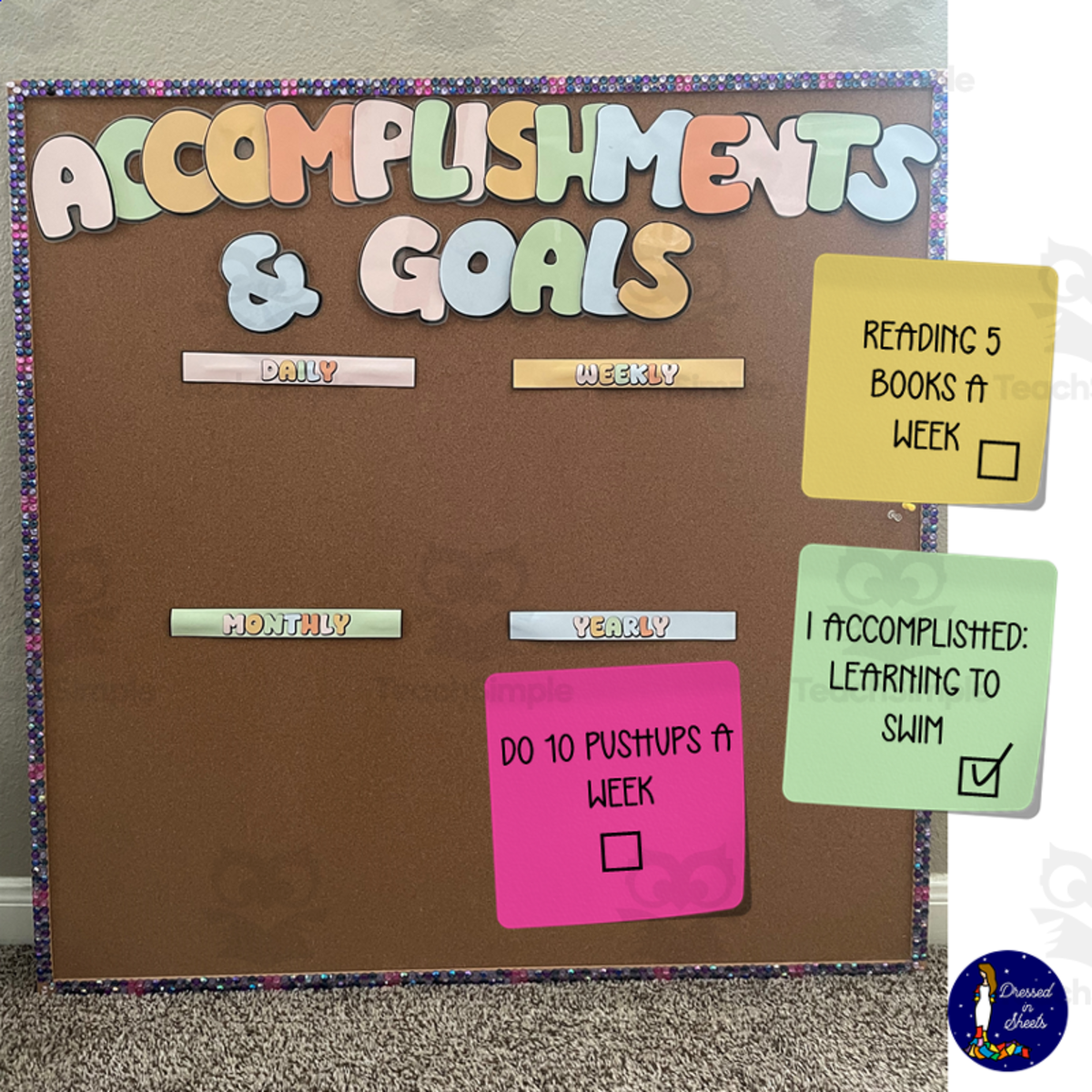 An educational teaching resource from Soumara Siddiqui entitled Accomplishments and Goals Bulletin Board Cork Board downloadable at Teach Simple.