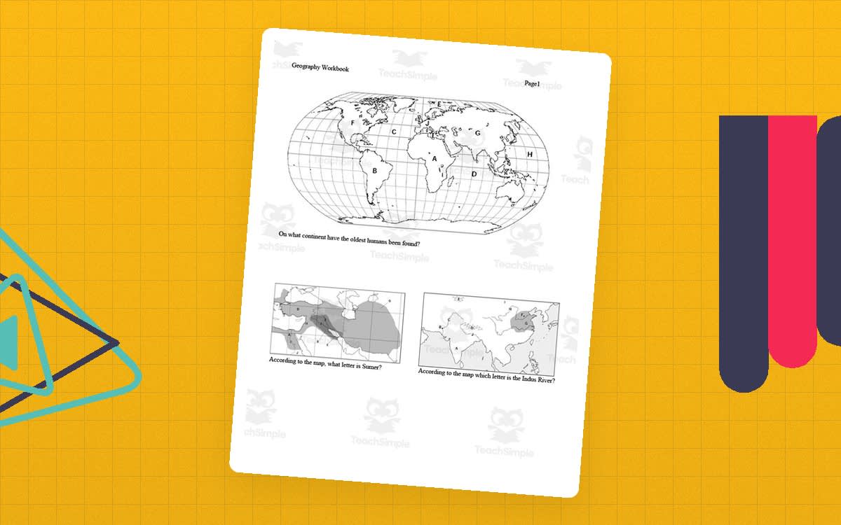 An educational teaching resource from History with DeLong entitled According to the Map Geography Workbook Page downloadable at Teach Simple.