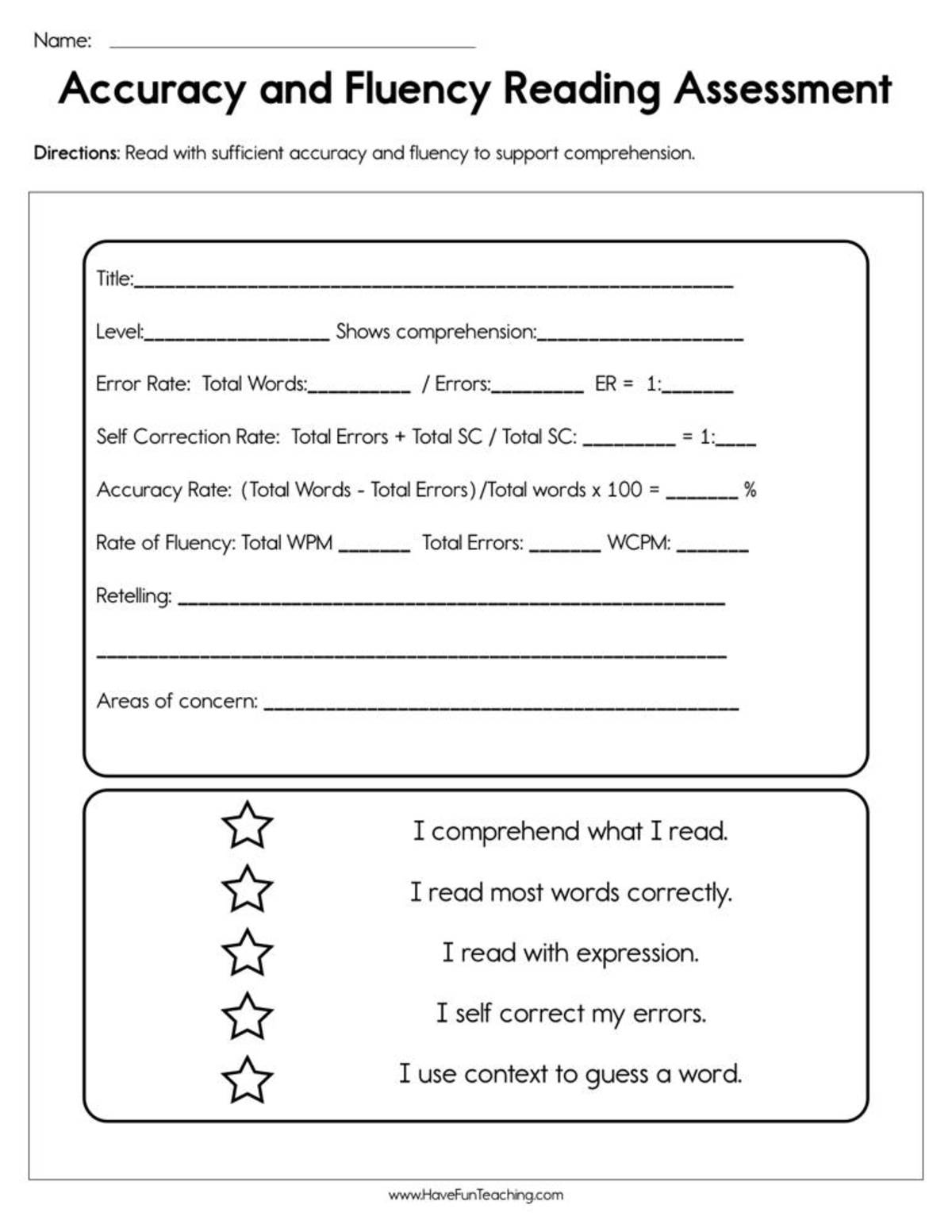 An educational teaching resource from Have Fun Teaching entitled Accuracy and Fluency Reading Assessment Worksheet downloadable at Teach Simple.