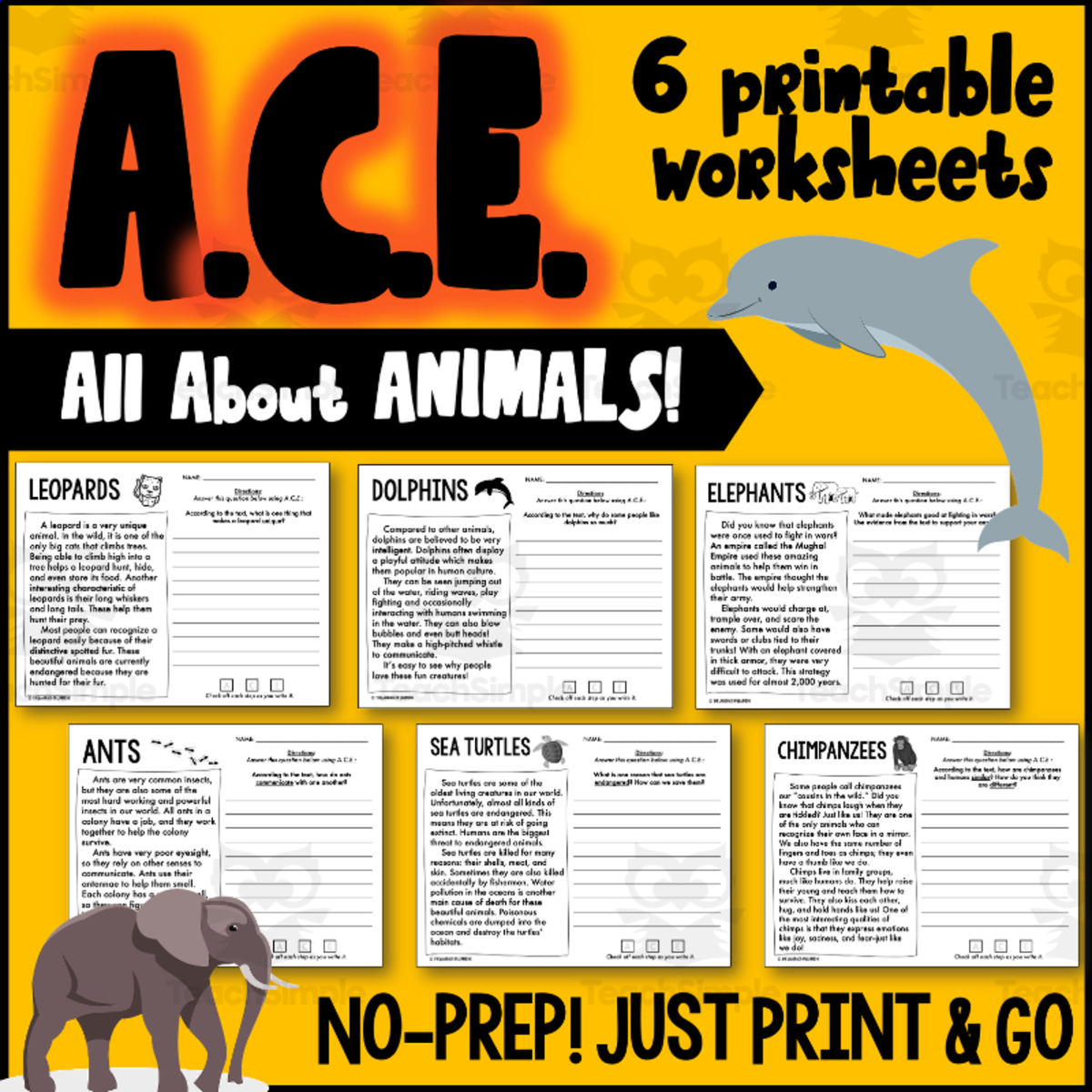 An educational teaching resource from The Language of Learning entitled A.C.E Printable Worksheets - All About Animals downloadable at Teach Simple.