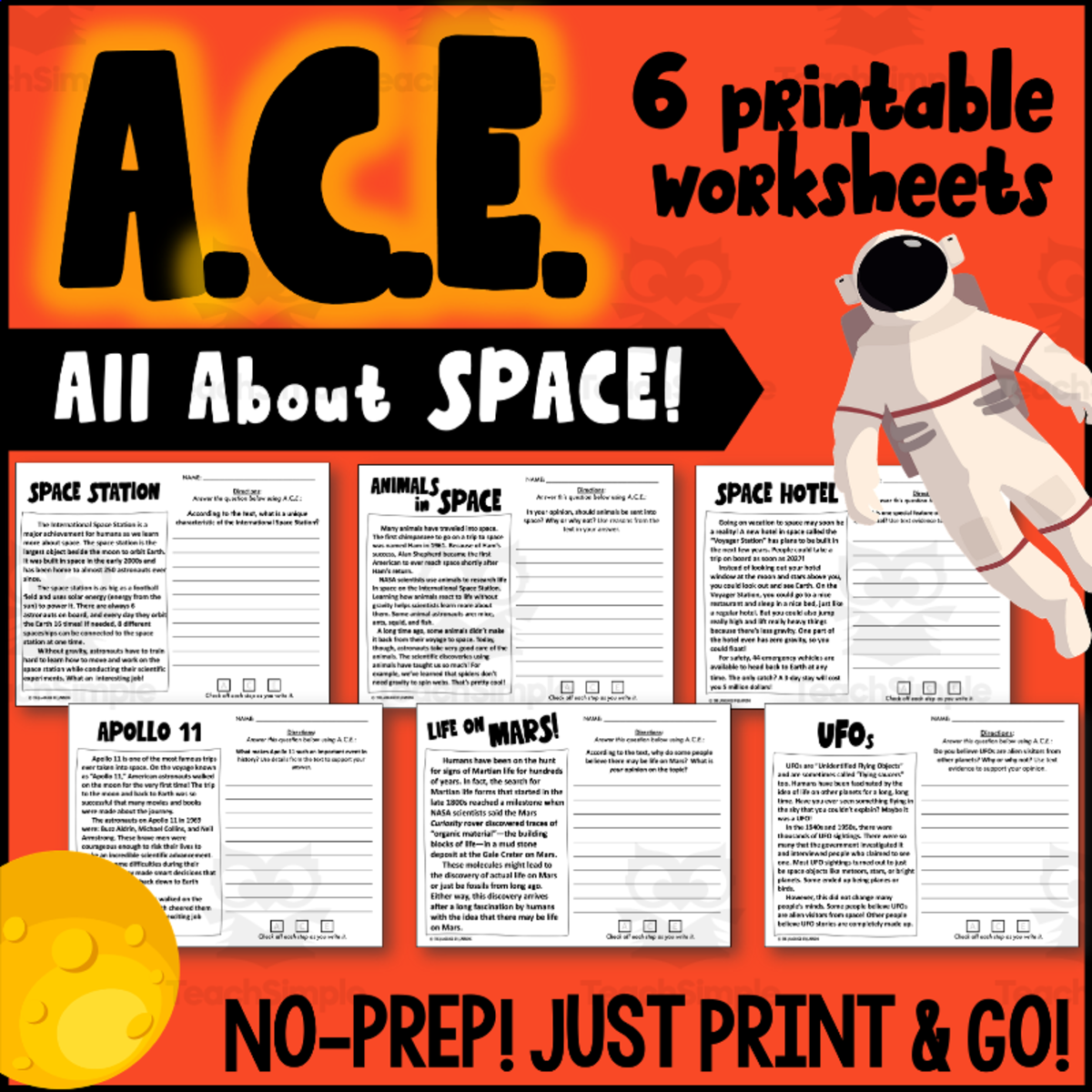 An educational teaching resource from The Language of Learning entitled A.C.E Printable Worksheets - All About Space downloadable at Teach Simple.