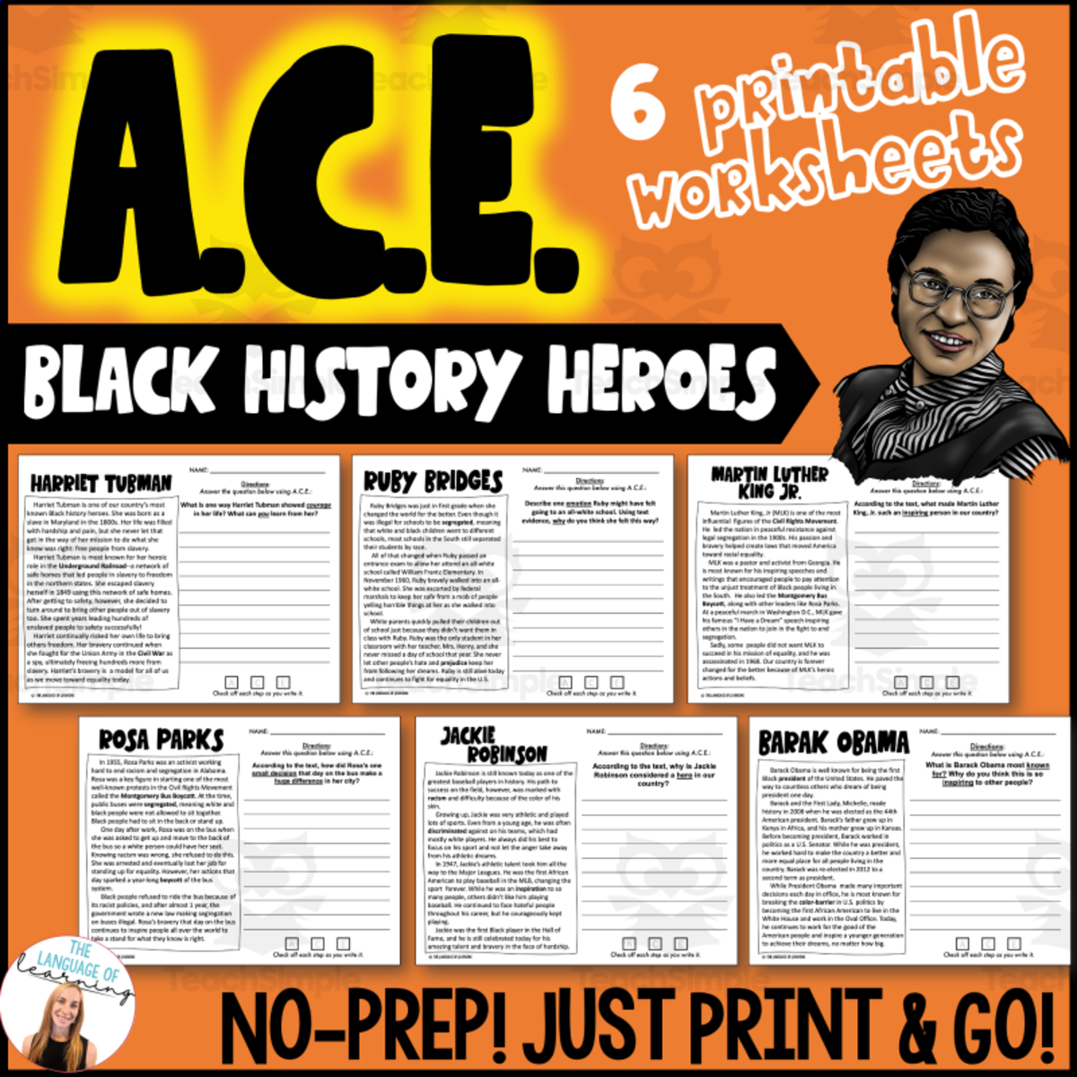 An educational teaching resource from The Language of Learning entitled A.C.E Printable Worksheets - Black History Heroes downloadable at Teach Simple.