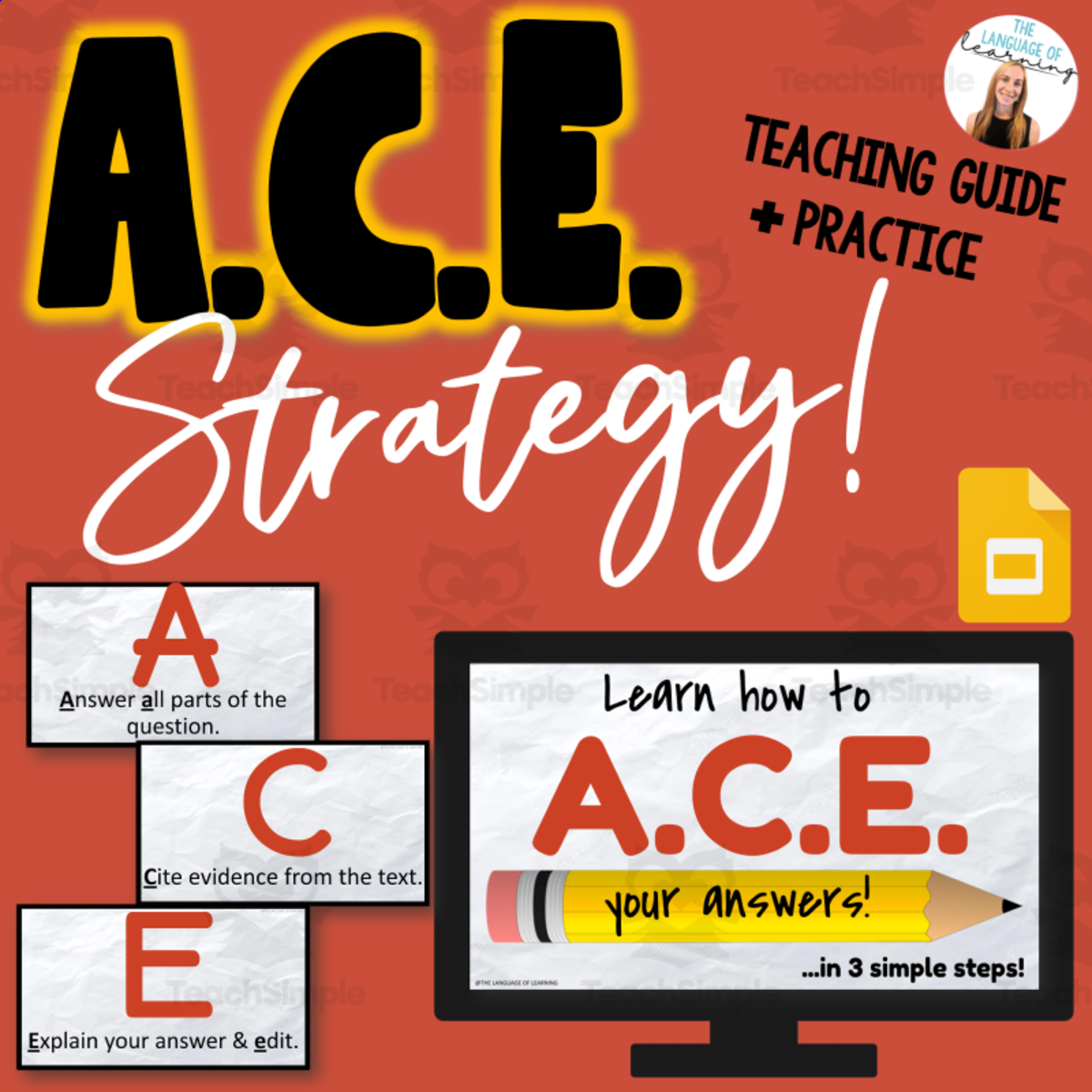 An educational teaching resource from The Language of Learning entitled ACE Strategy - Teaching Guide Presentation & Practice downloadable at Teach Simple.