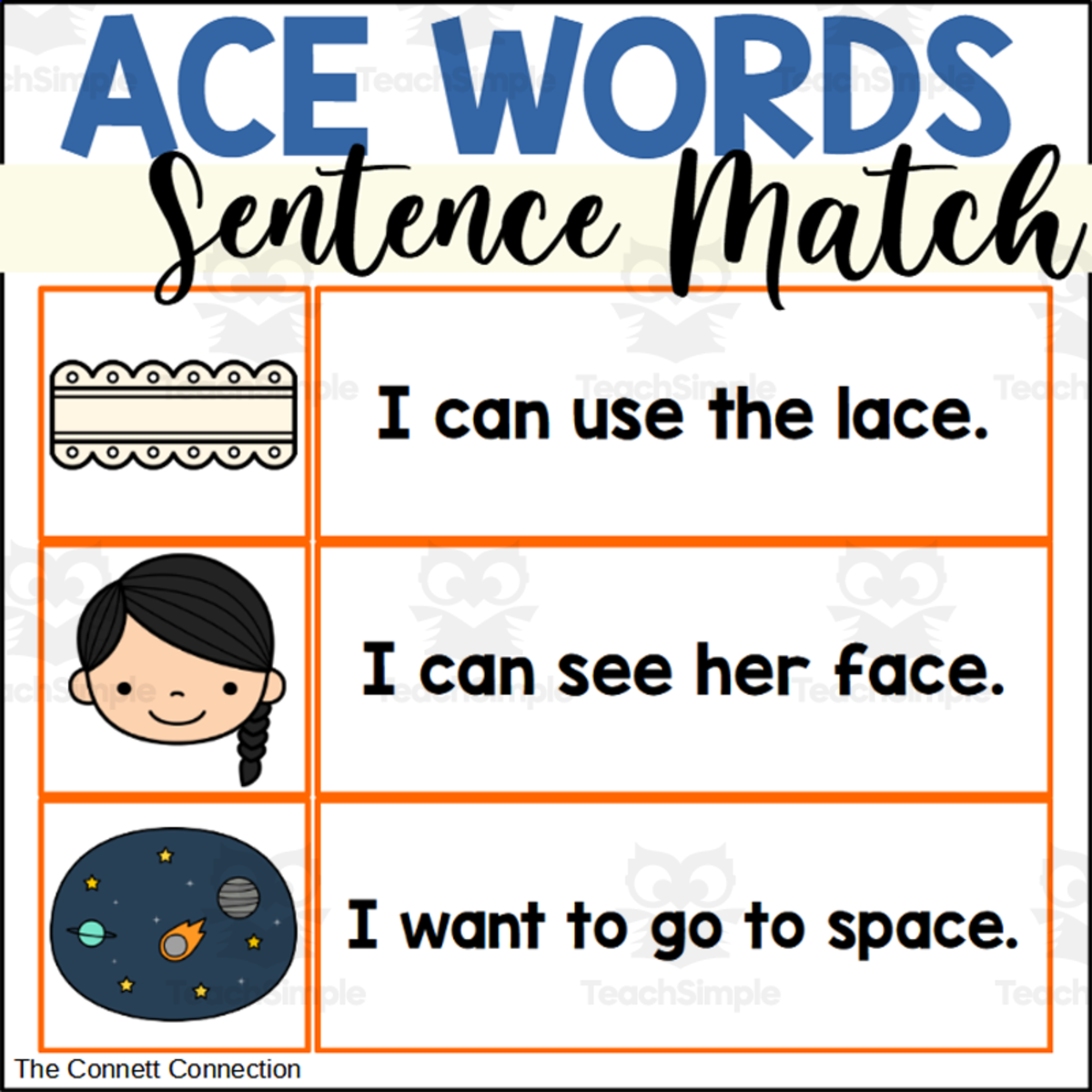 An educational teaching resource from The Connett Connection entitled ACE Words Sentence Matching downloadable at Teach Simple.