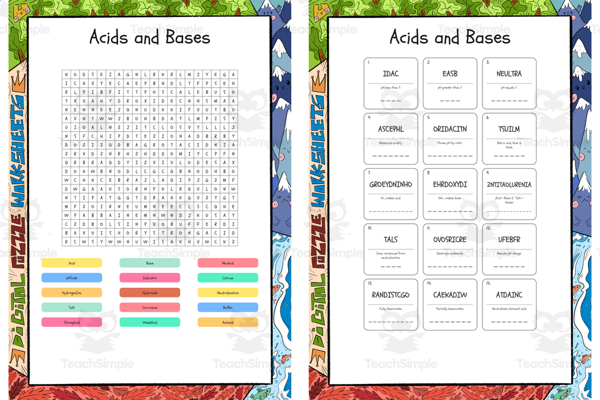 An educational teaching resource from Lapiiin Art Activities entitled Acids and Bases word search, scramble and crossword puzzle downloadable at Teach Simple.