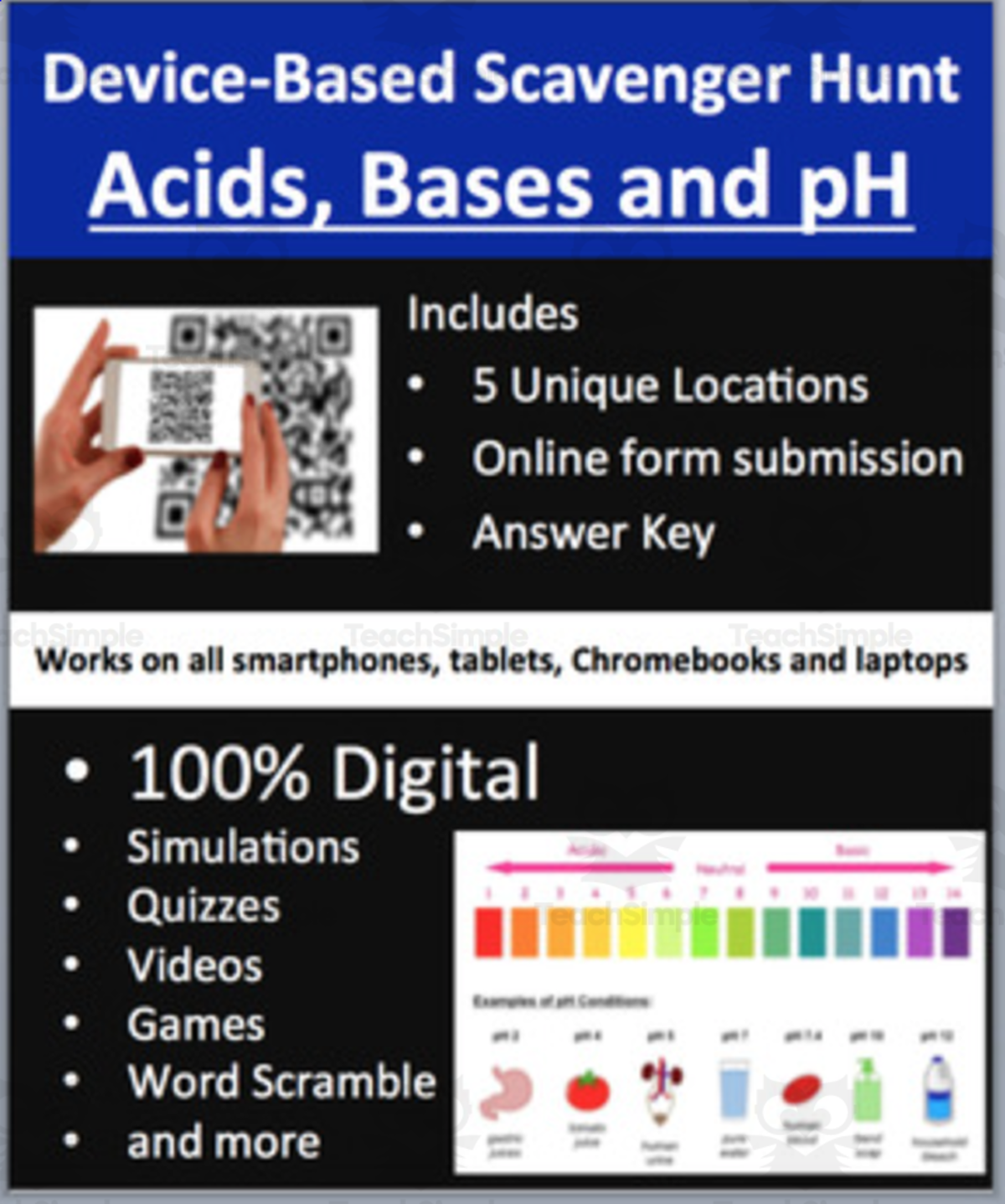 An educational teaching resource from Teach With Fergy entitled Acids, Bases and pH – Device-Based Scavenger Hunt Activity downloadable at Teach Simple.