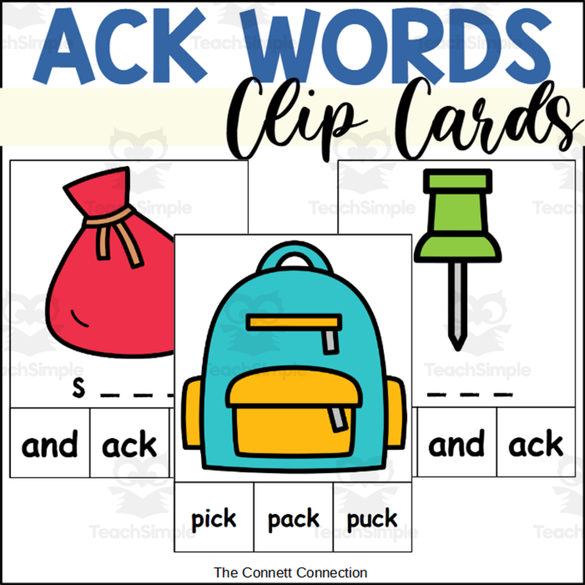 An educational teaching resource from The Connett Connection entitled ACK Word Family Clip Cards downloadable at Teach Simple.
