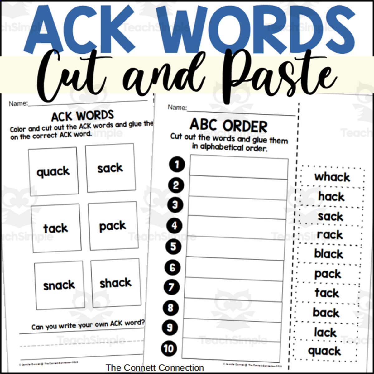 An educational teaching resource from The Connett Connection entitled ACK Word Family Cut and Paste Worksheets downloadable at Teach Simple.
