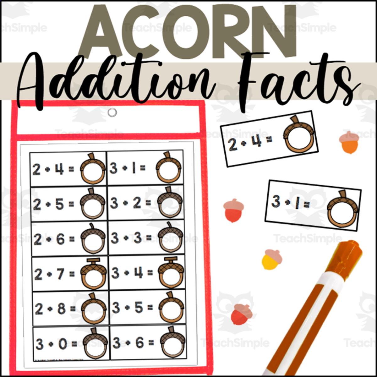 An educational teaching resource from The Connett Connection entitled Acorn Addition Cards for Sums up to 10 downloadable at Teach Simple.