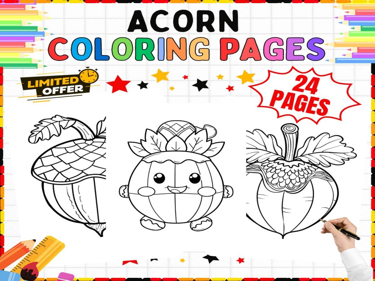 An educational teaching resource from from Tetcher to you entitled Acorn Coloring Pages for Kids - 20 Autumn Coloring Sheets downloadable at Teach Simple.