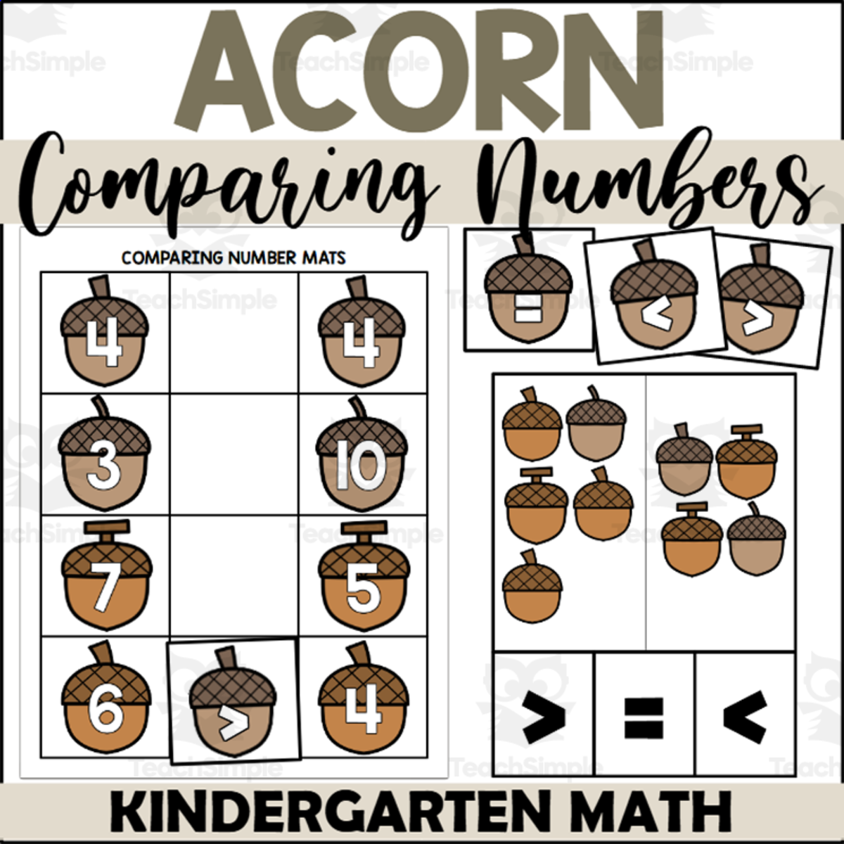 An educational teaching resource from The Connett Connection entitled Acorn Comparing Numbers 1-10 downloadable at Teach Simple.