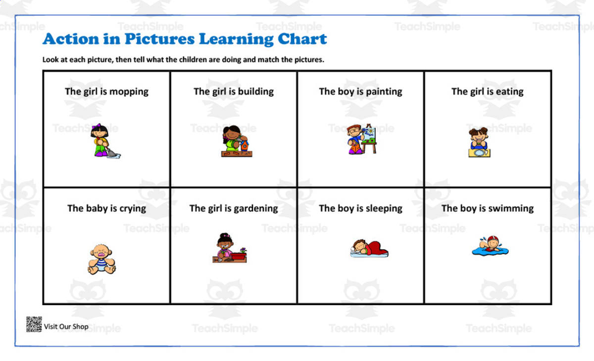 An educational teaching resource from KD's Kids School Shop entitled Action in Pictures Learning Chart 2 downloadable at Teach Simple.
