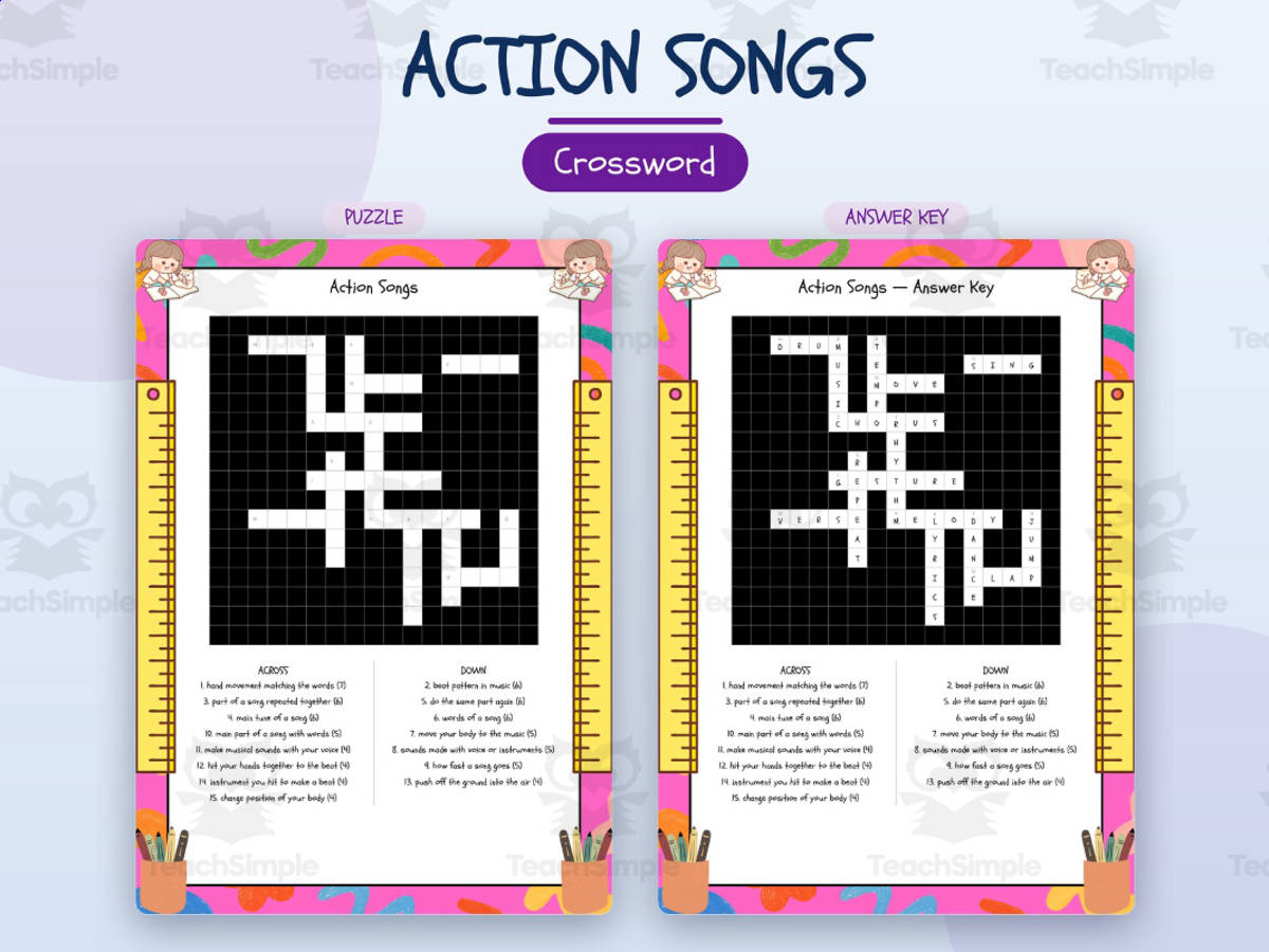 Action Songs Crossword Printable | Word Vocabulary Worksheet preview