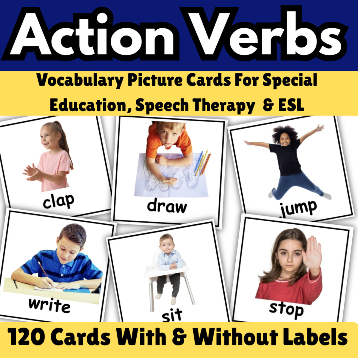 An educational teaching resource from Smart Minds entitled Action Verbs Pictures Vocabulary ESL Activity cards downloadable at Teach Simple.