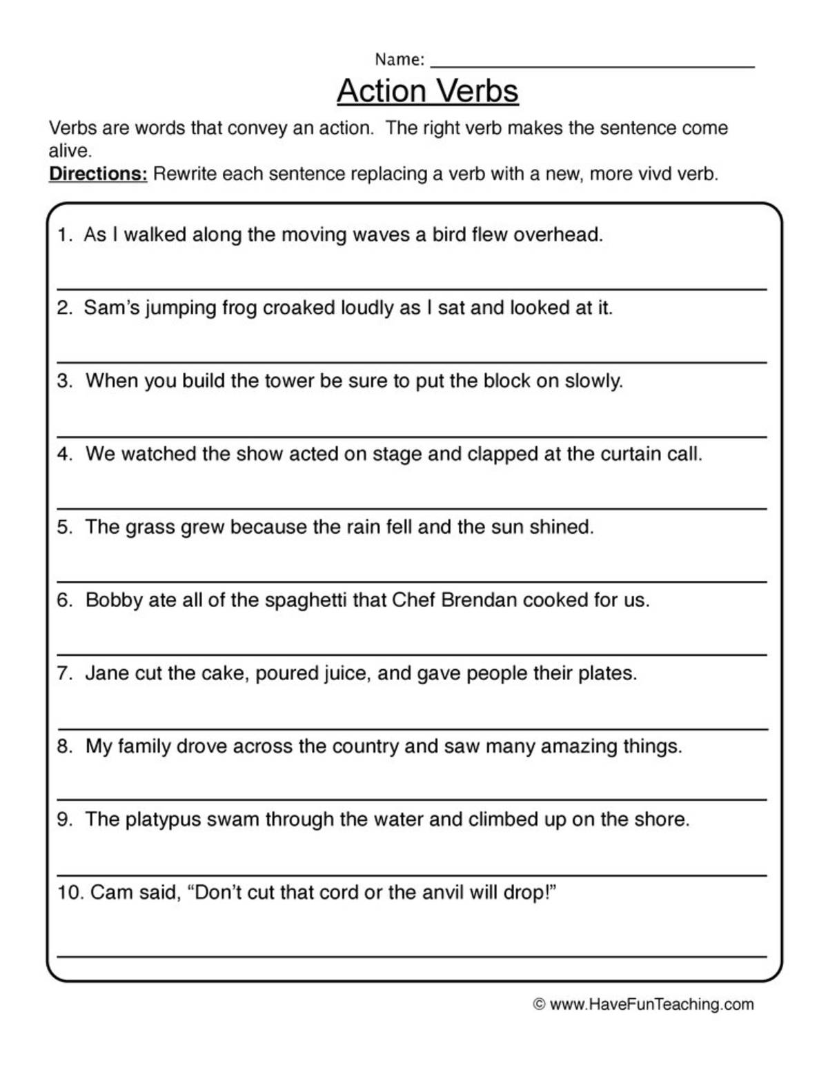 An educational teaching resource from Have Fun Teaching entitled Action Verbs Worksheet downloadable at Teach Simple.