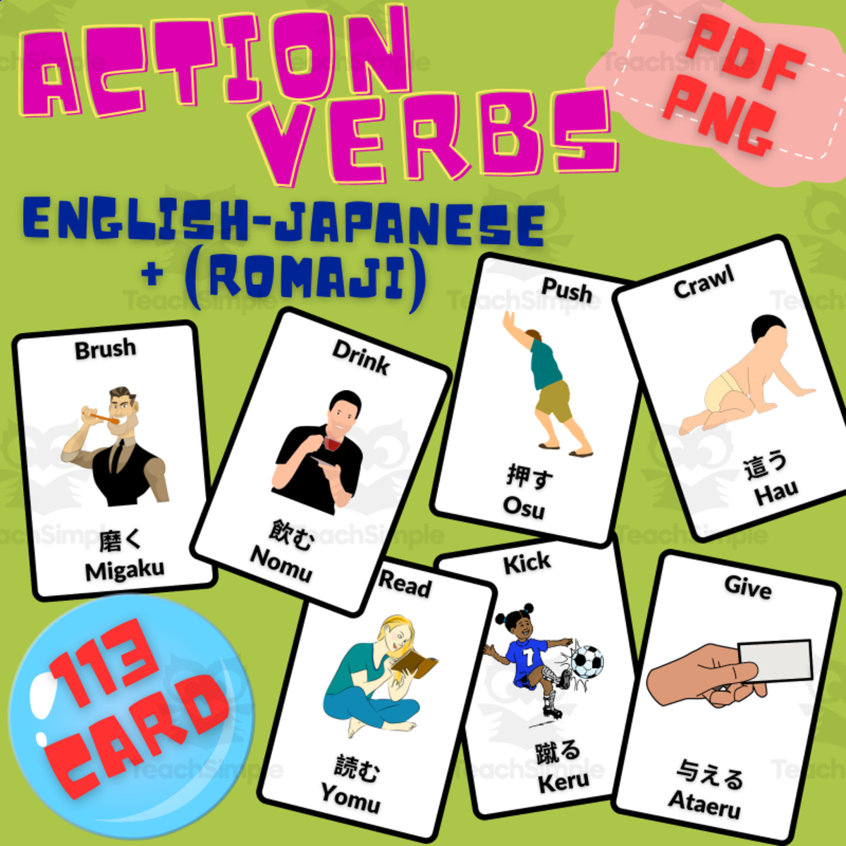 An educational teaching resource from Homeschoolingprints entitled Action Word AAC Flashcards in English, Japanese and Romaji downloadable at Teach Simple.