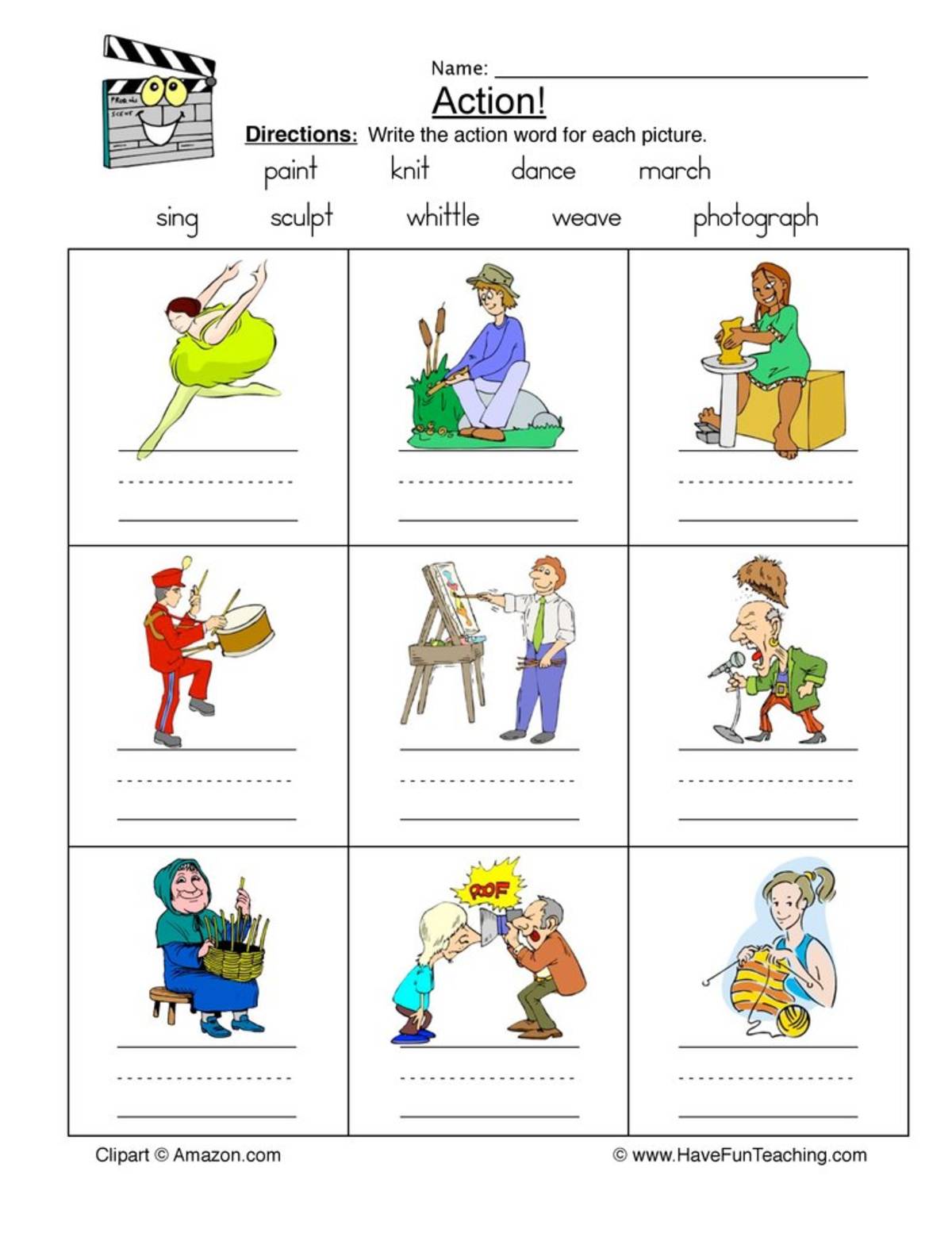 An educational teaching resource from Have Fun Teaching entitled Action Words Worksheet – Verb Practice downloadable at Teach Simple.