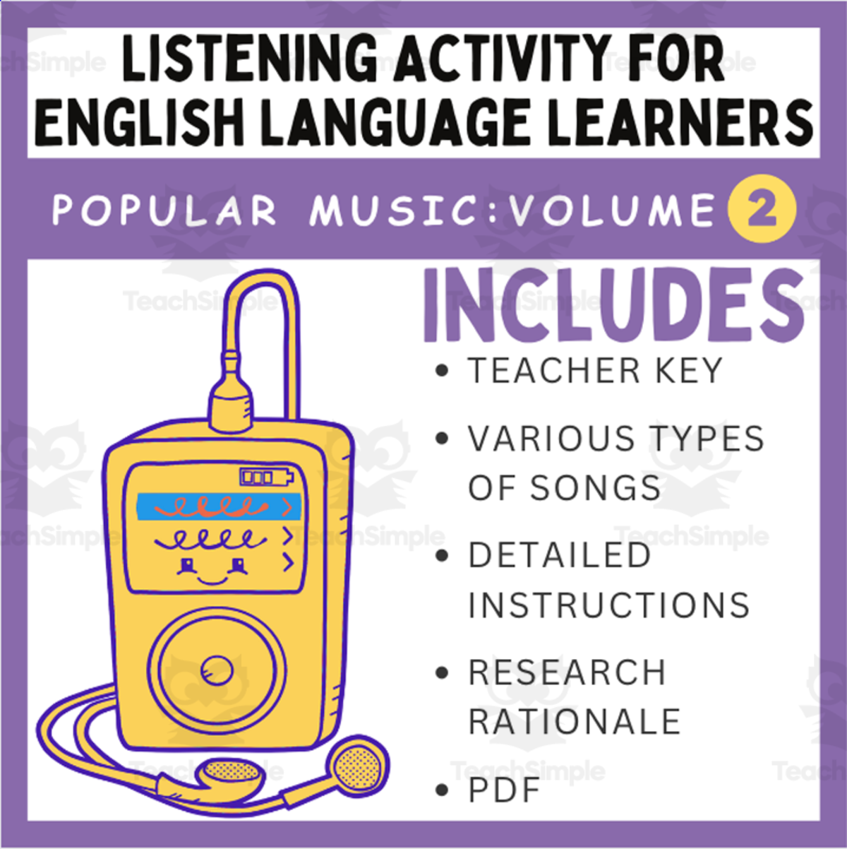 An educational teaching resource from EduPal Learning entitled Activity for English Language Learners using Popular Music: Volume 2 downloadable at Teach Simple.