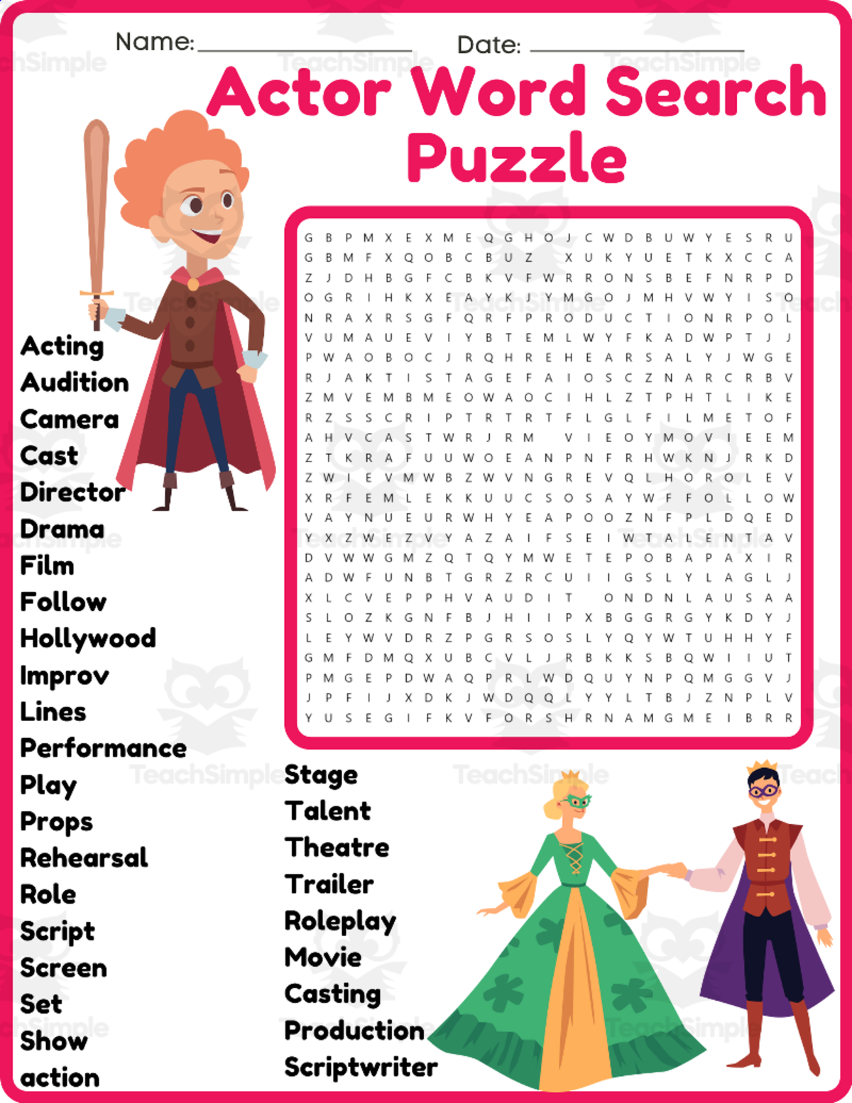 An educational teaching resource from space shope entitled Actor Word Search Puzzle Worksheet Activities (2nd, 3rd, 4th & 5th downloadable at Teach Simple.