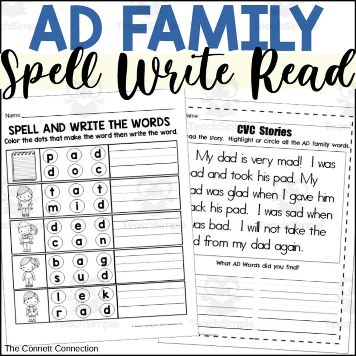 An educational teaching resource from The Connett Connection entitled AD Word Family Worksheets - Read Write and Spell downloadable at Teach Simple.