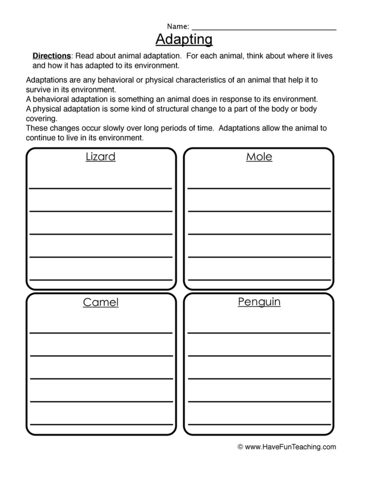 An educational teaching resource from Have Fun Teaching entitled Adaptation Worksheet downloadable at Teach Simple.