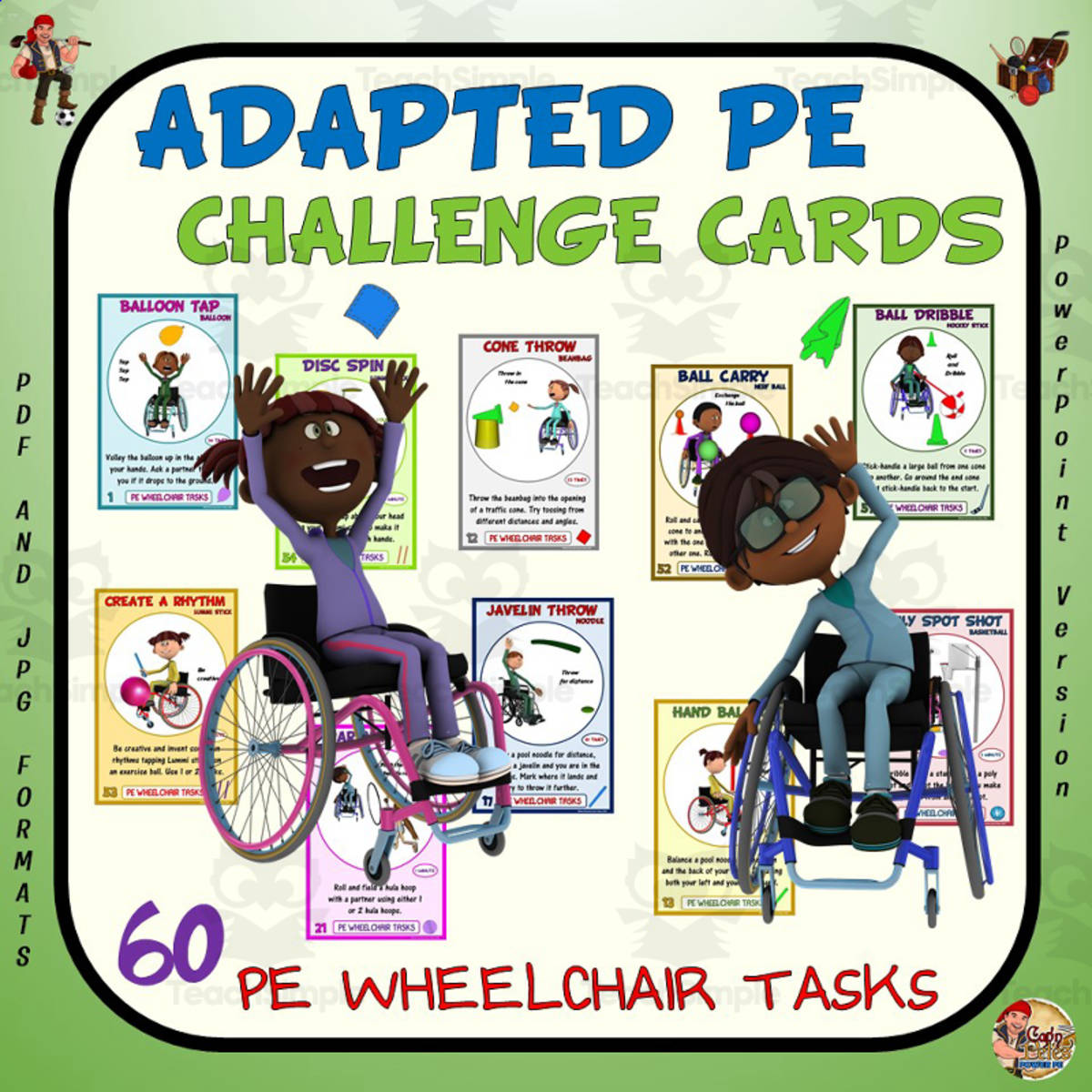 An educational teaching resource from Cap'n Pete's Power PE entitled Adapted PE Challenge Cards: Wheelchair Task Cards downloadable at Teach Simple.