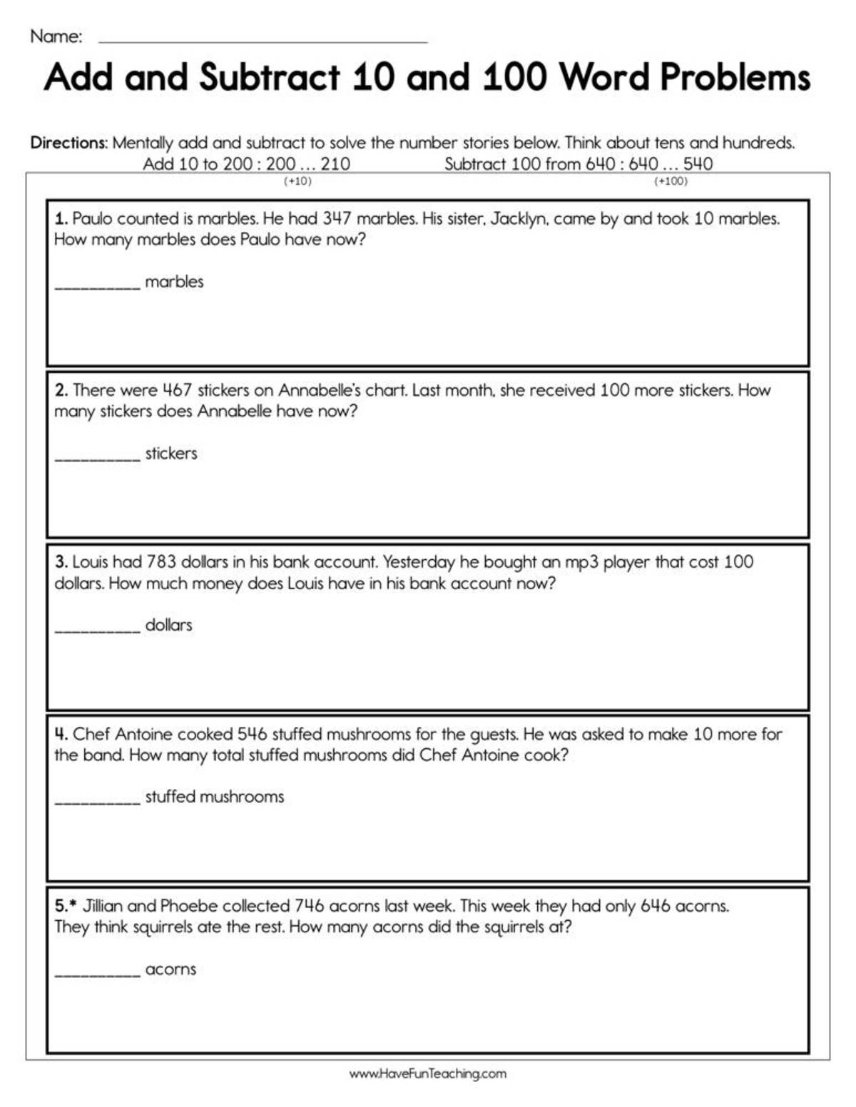 An educational teaching resource from Have Fun Teaching entitled Add and Subtract 10 and 100 Word Problems Worksheet downloadable at Teach Simple.