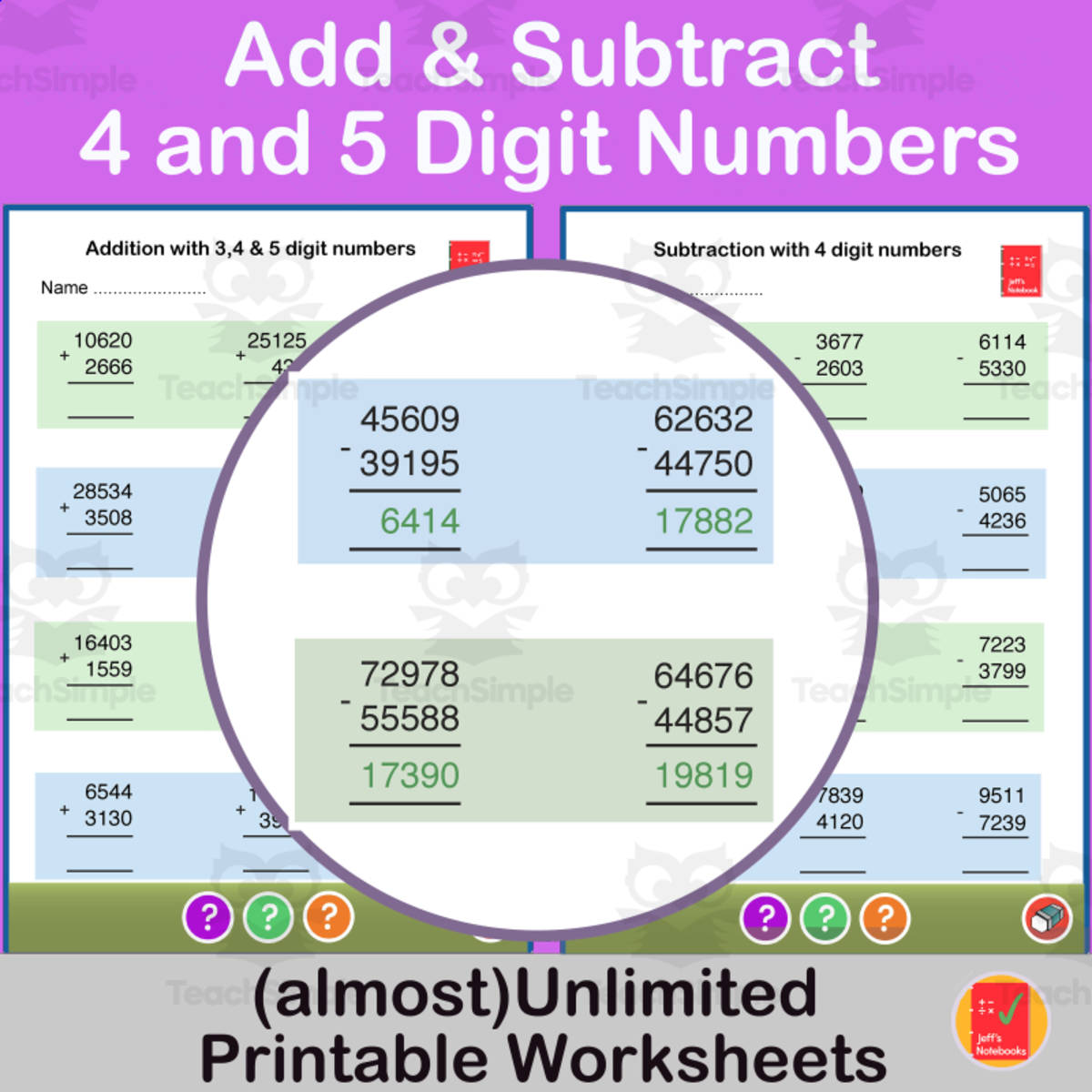 An educational teaching resource from Jeff's Notebooks entitled Add & subtract 4 & 5-digit whole numbers with or without regrouping downloadable at Teach Simple.