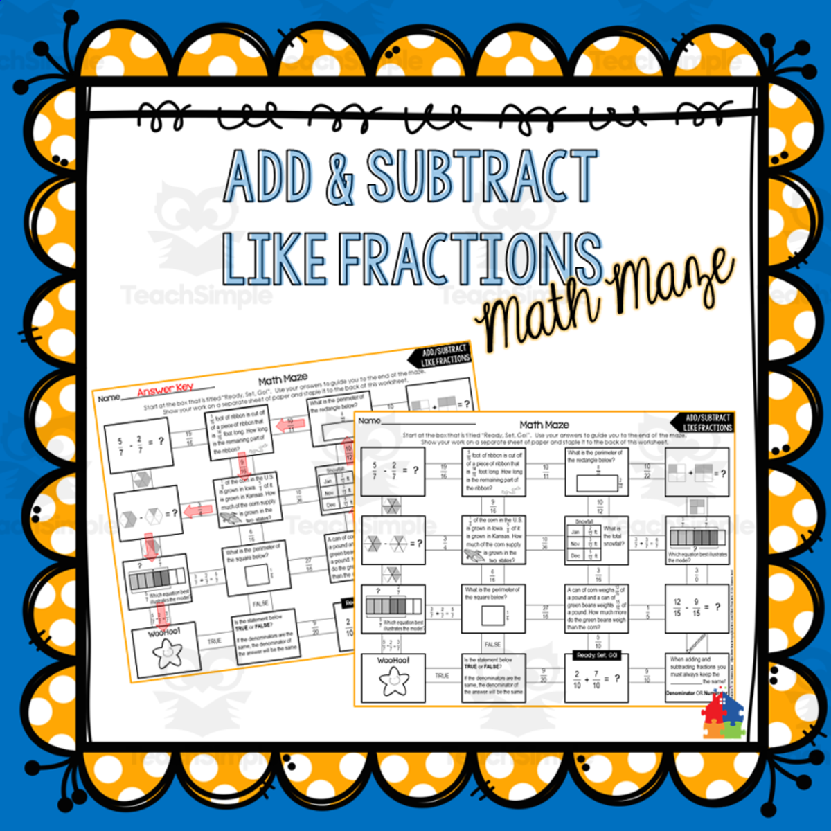 An educational teaching resource from Teachers R Us Homeschool entitled Add & Subtract Like Fractions Math Maze downloadable at Teach Simple.