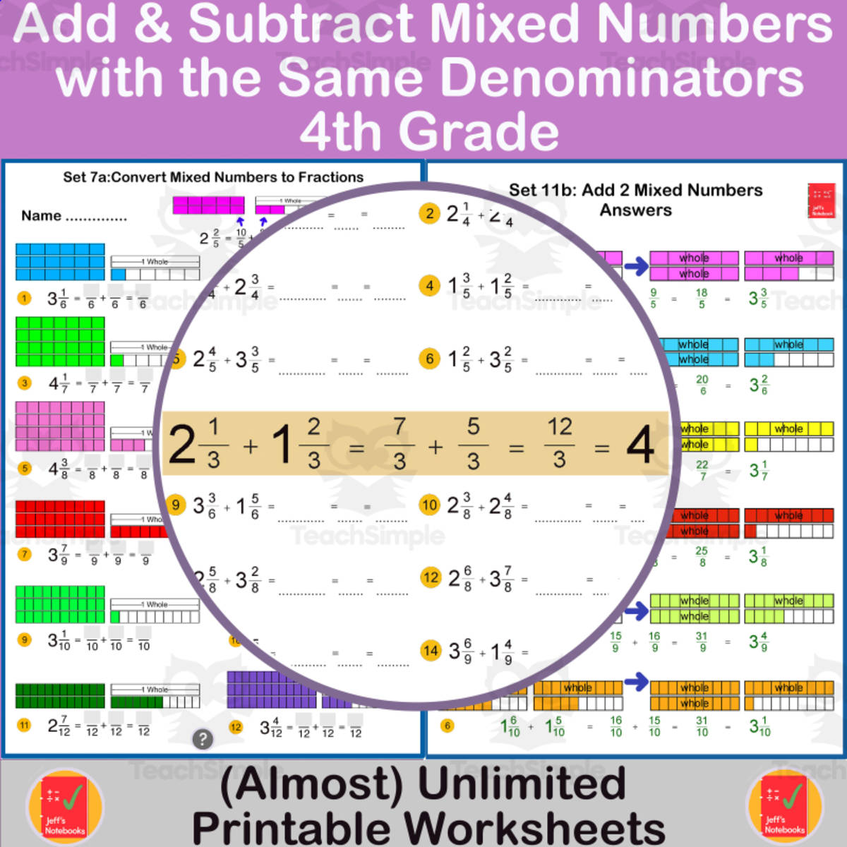 An educational teaching resource from Jeff's Notebooks entitled Add & Subtract Mixed Numbers – 14 Worksheet Sets downloadable at Teach Simple.