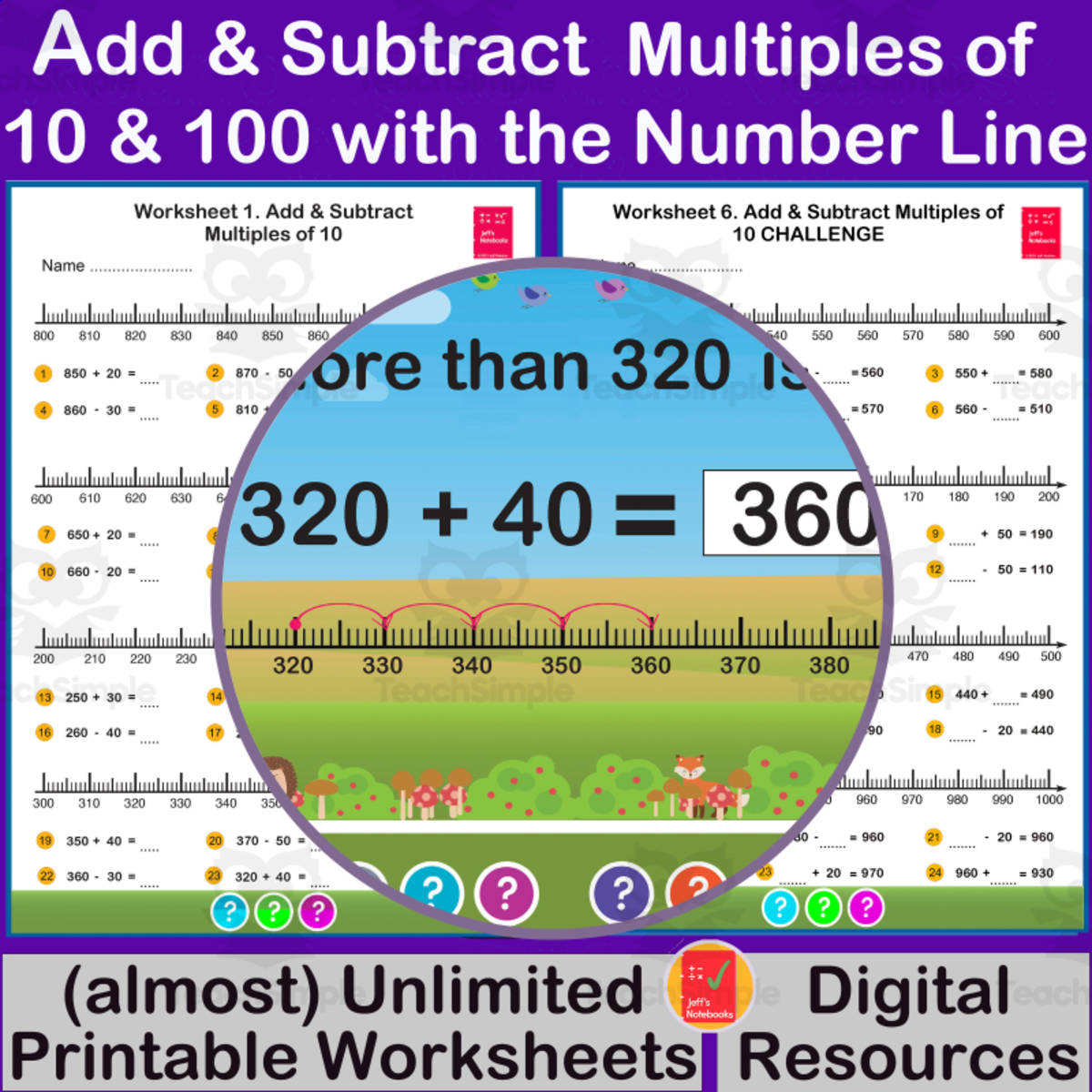 An educational teaching resource from Jeff's Notebooks entitled Add & Subtract Multiples of 10 and 100 with the Number Line downloadable at Teach Simple.