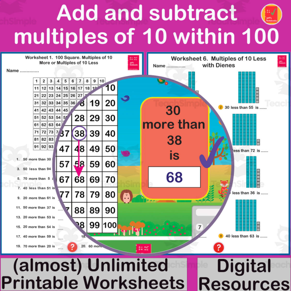 An educational teaching resource from Jeff's Notebooks entitled Add and subtract multiples of 10 within 100 - 1st Grade downloadable at Teach Simple.