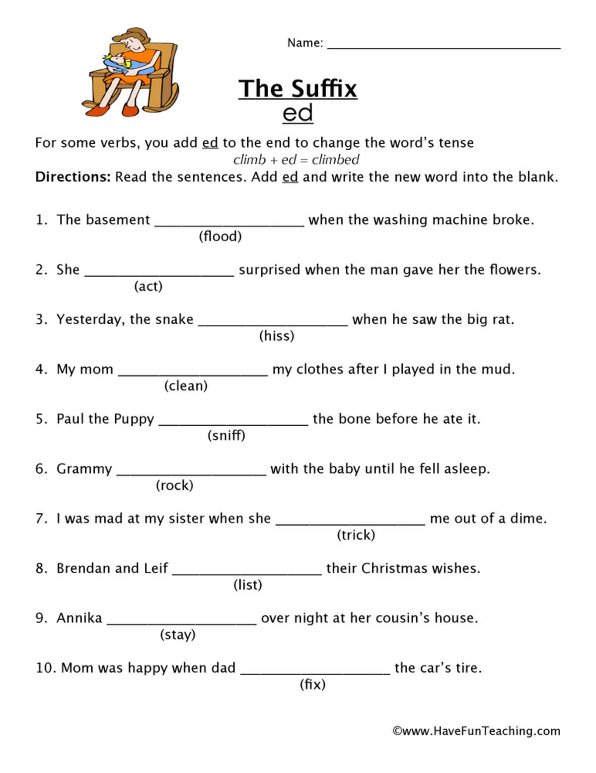 An educational teaching resource from Have Fun Teaching entitled Add ED Suffix Worksheet downloadable at Teach Simple.