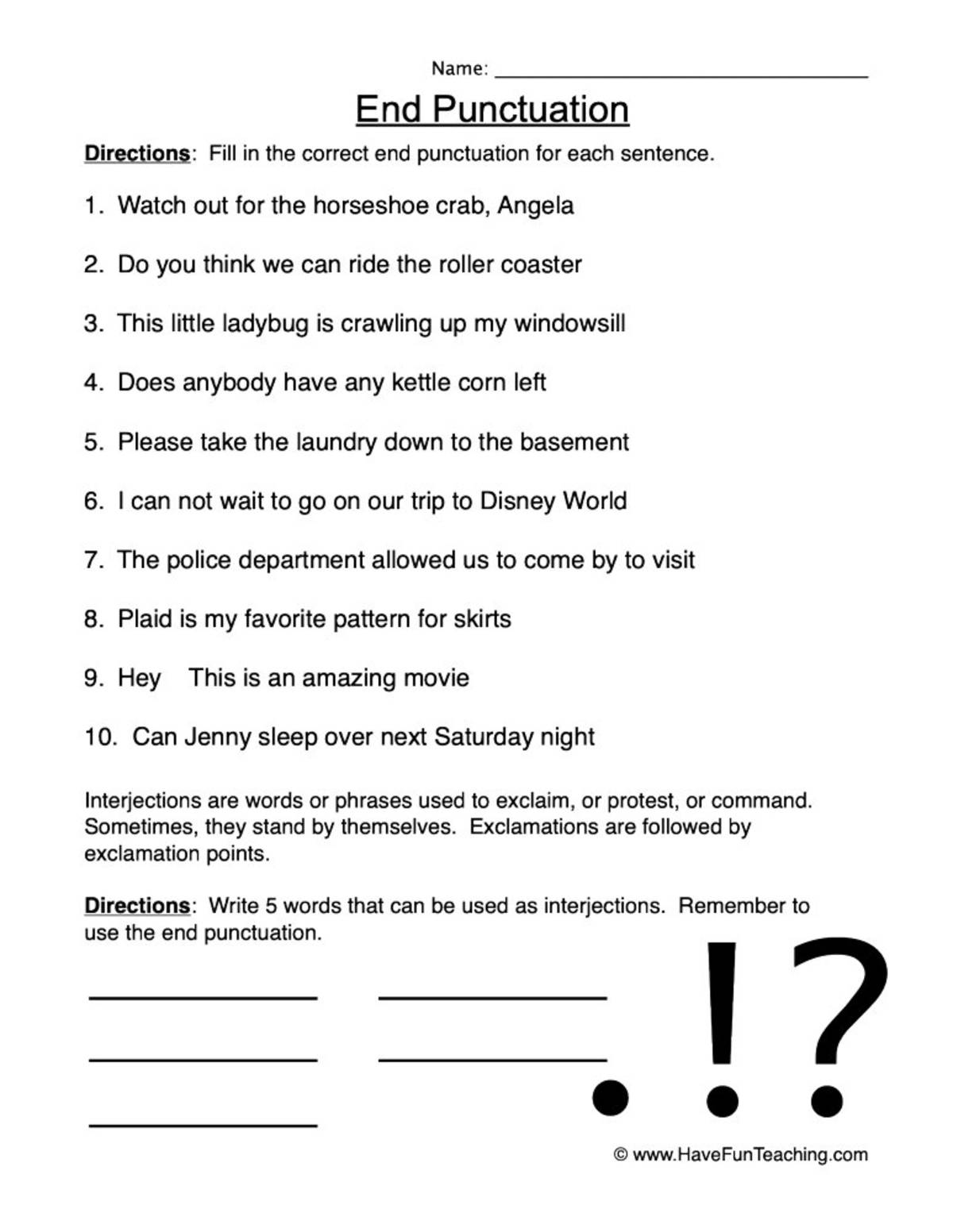 An educational teaching resource from Have Fun Teaching entitled Add End Punctuation Worksheet downloadable at Teach Simple.