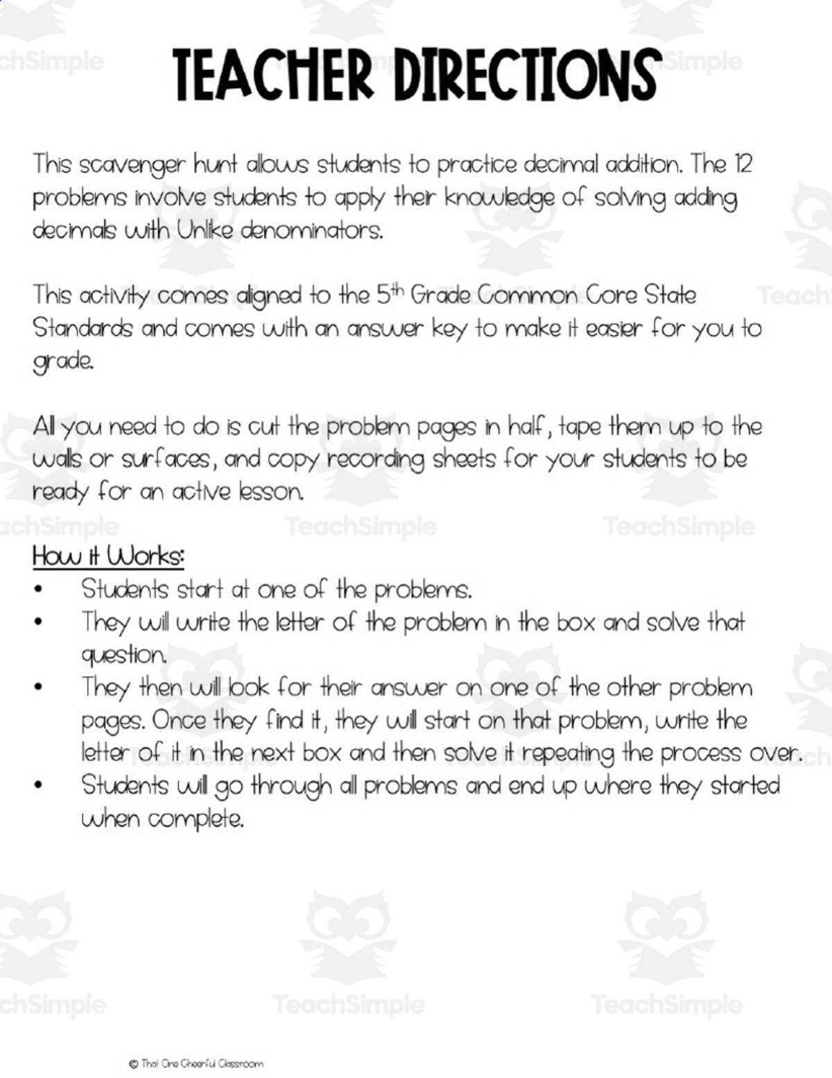 An educational teaching resource from That One Cheerful Classroom entitled Add Fractions with Unlike Denominators Scavenger Hunt downloadable at Teach Simple.