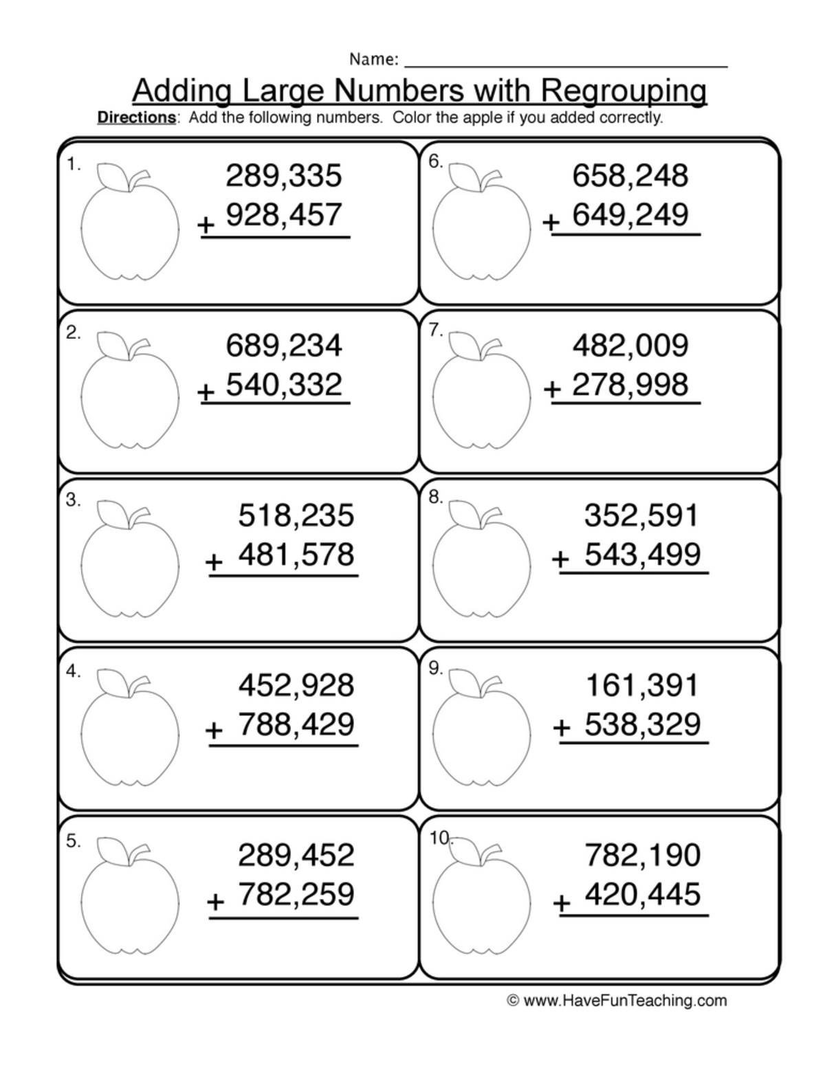 An educational teaching resource from Have Fun Teaching entitled Add Hundred Thousands Regrouping Worksheet downloadable at Teach Simple.